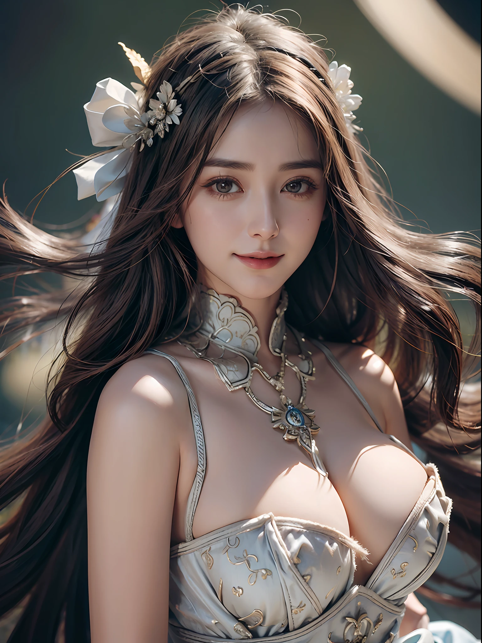 ((Marian Rivera)), cleavage, best quality, masterpiece, photo realistic, intricate details, raw photo, photon rendering, octane render, absurdres, ultra detailed, detailed face, detailed skin, trending on artstation, 8k masterpiece, cinematic lighting, ( (1girl)),((solo)),((looking_at_viewer)),trending on cg society,plasticien,((black long hair)),((beautiful woman)),(Smile),((sexy)),wind blowing hair, ((flowing hair)),happy,fashion magazine, ((full shot)), (((enormous amount of decoration ))) , nice breasts, deep shadow, volumetric lighting