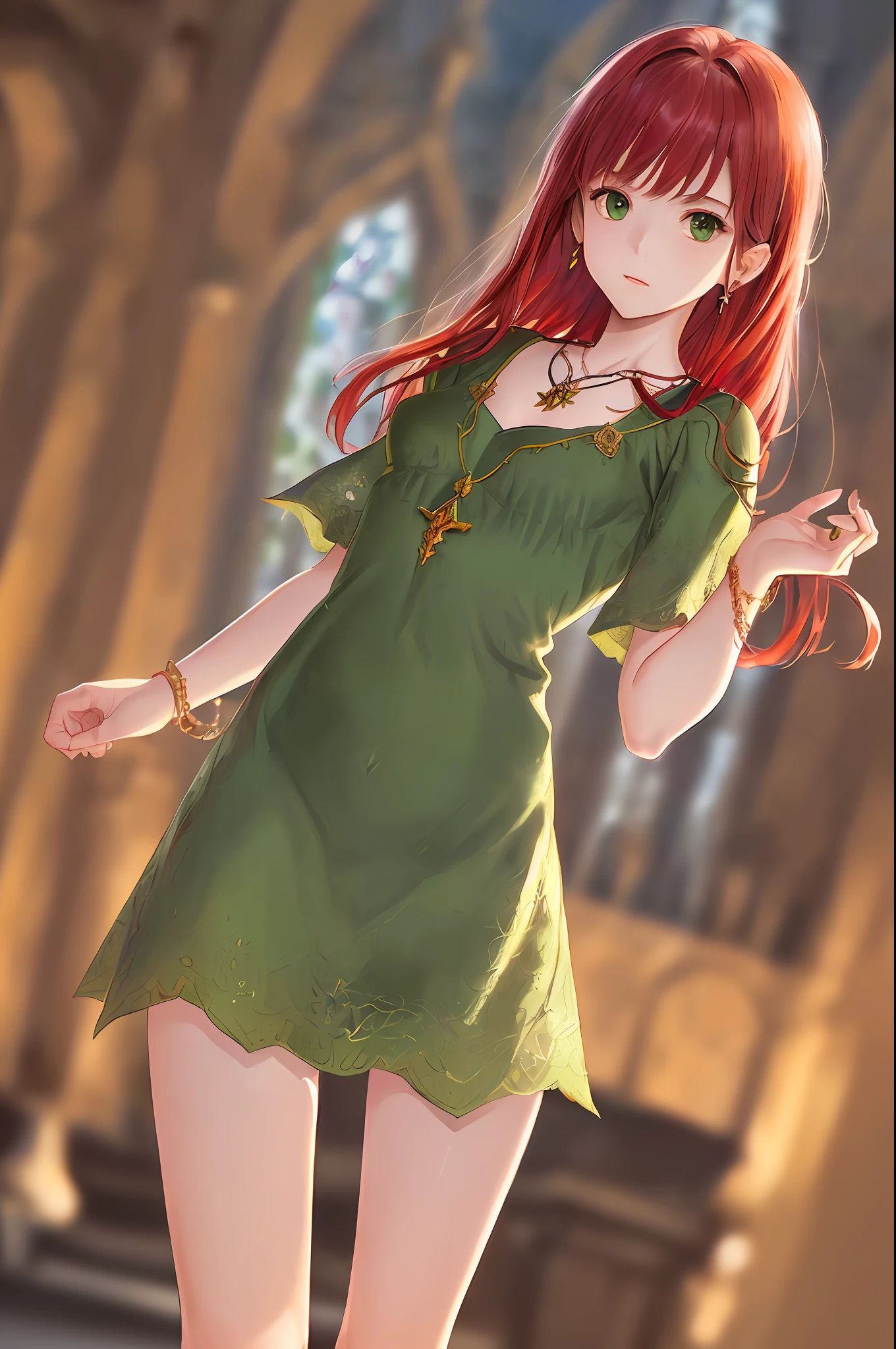 1girl, petit face, cute face, realistic, best illustration, realistic details, detailed, ((( 1 girl, pretty, solo focus, delicate, beautiful, slim, thin thigh, thigh gap, long hair, medium chest, décolleté, full body, red hair, jewelry, necklace, green intricate dress, circle, looking at the viewer, night, perspective, depth of field, blurred background, sharp focus, front, face focus, fantasy medieval castle)))