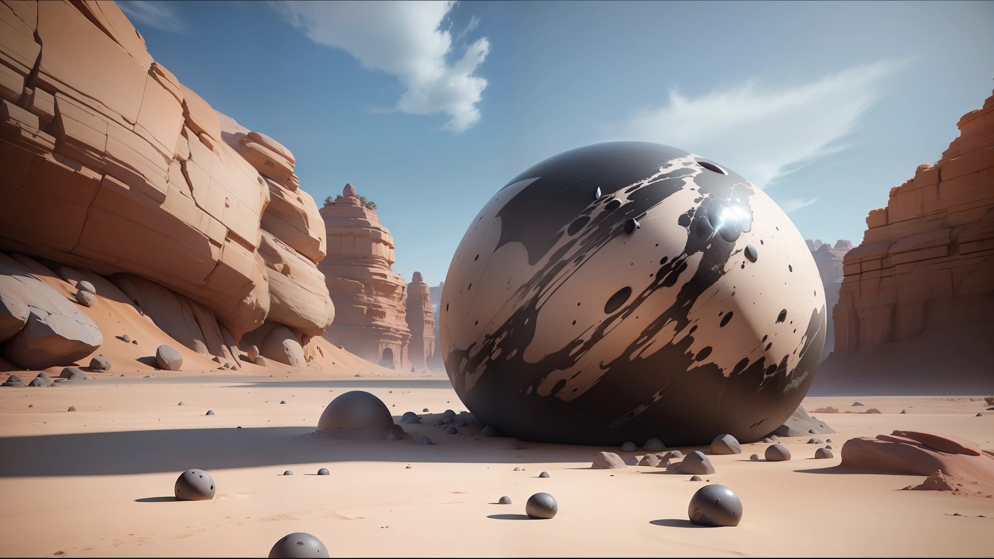 there is a large rock in the middle of a desert, unreal engine 5 », flying black marble balls, imaginefx : : hyperrealism, screenshot from the game, colored marble, by Kogan Gengei, lush alien landscape, intimidating floating sand, by Sohrab Sepehri, an egg