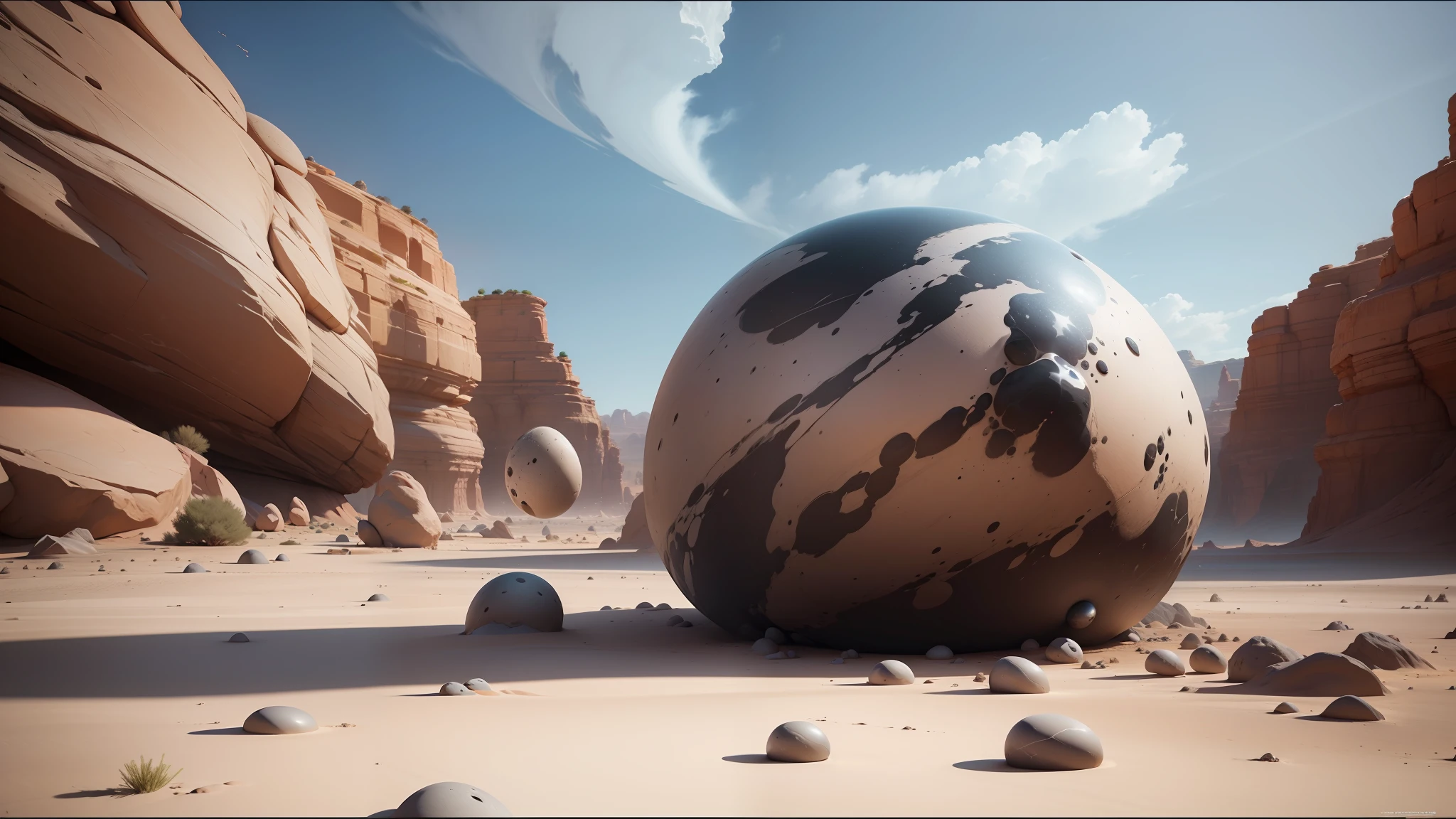 there is a large rock in the middle of a desert, unreal engine 5 », flying black marble balls, imaginefx : : hyperrealism, screenshot from the game, colored marble, by Kogan Gengei, lush alien landscape, intimidating floating sand, by Sohrab Sepehri, an egg