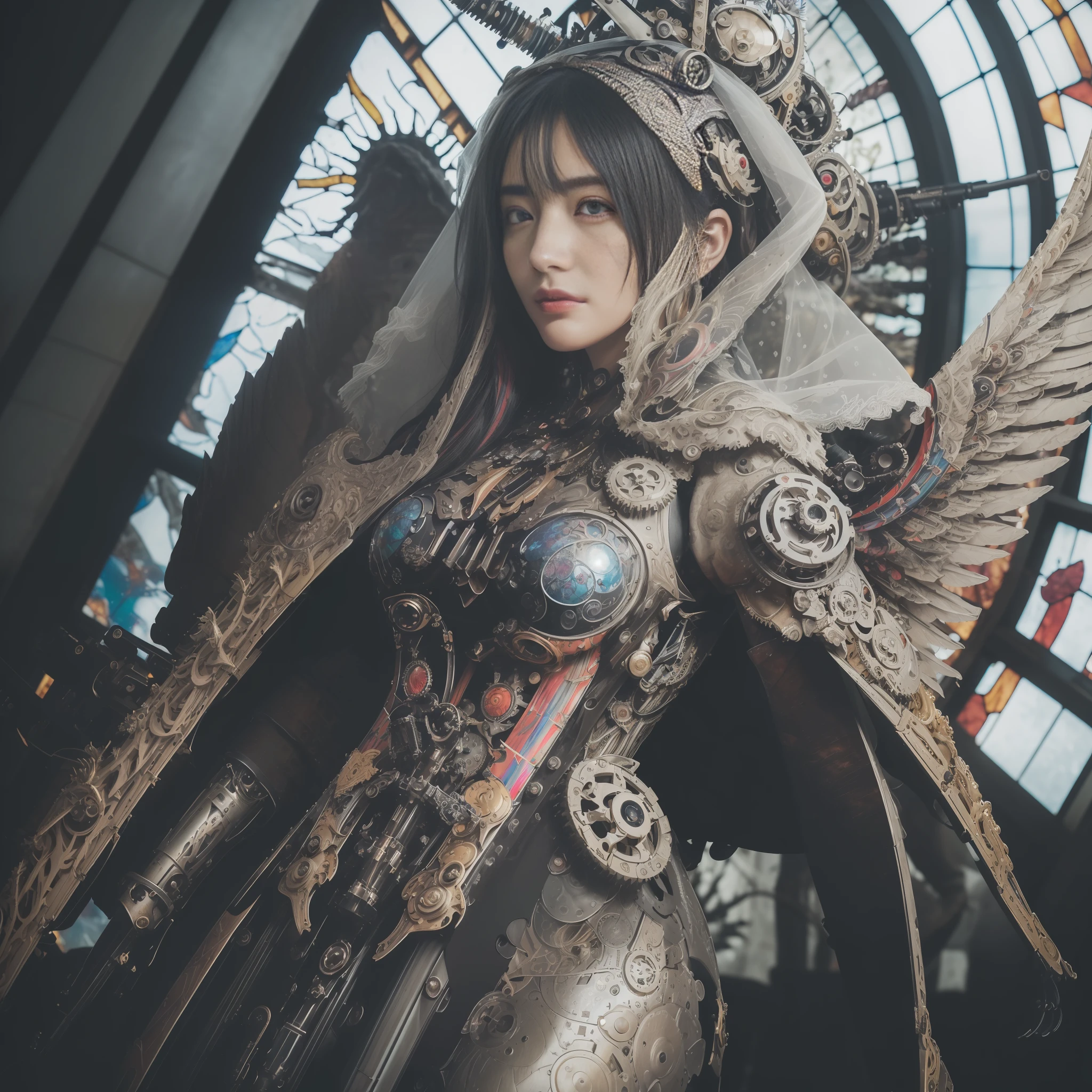 //style
(steampunkai:0.8), (Maximalism:1.8), vivid contrast, Gustav Klimt,
BREAK
(realistic:1.3), super photo realistic illustration, highres, ultla detailed, absurdres,
extremely beautiful goddess (holding many guns:1.5), (Zentangle:1.5),
(detailed machine body:1.5), (attached huge machines, attached huge guns:1.5),
(detailed machine body:1.5), (attached huge machines, attached huge guns:1.5),
(detailed machine body:1.5), (attached huge machines, attached huge guns:1.5),
(detailed mechanical arms, detailed mechanical legs:1.3),
(detailed mechanical many wings, musket rifles, heavy weapons:1.8), (large magic circles around:1.8),
(detailed mechanical many wings, musket rifles, heavy weapons:1.8), (large magic circles around:1.8),
(detailed mechanical many wings, musket rifles, heavy weapons:1.8), (large magic circles around:1.8),
ultra detailed beautiful face and eye, (painted face, tattoos:1.3),
white hair, red eyes,
(wearing detailed mechanical dress with many large gears and jewelries, detailed mechanical white veil:1.5),
(wearing detailed mechanical dress with many large gears and jewelries, detailed mechanical white veil:1.5),
(wearing detailed mechanical dress with many large gears and jewelries, detailed mechanical white veil:1.5),
from below,
BREAK
//emotion
god bless you,
compassionate expression, empathetic, caring, kind,
content expression, satisfied, pleased, gratified,
thoughtful expression, pensive, reflective, contemplative,
determined expression, resolute, purposeful, firm,
BREAK
//background
white background,
(cathedral ruin, stained glass:1.3),
many machines, many gears, broken machines, cables,
(evil mechanical beasts:1.3),
( big tree:1.3), tree root, tree branch, blood vessel, vein,
heavy rain, water drop, water ripple, cropped fabrics,
BREAK
//effect
(colorful:1.5),
papier colle, paper collage, layered compositions, varied textures, abstract designs, artistic juxtapositions, mixed-media approach,
(Zentangle:1.5), structured patterns, meditati