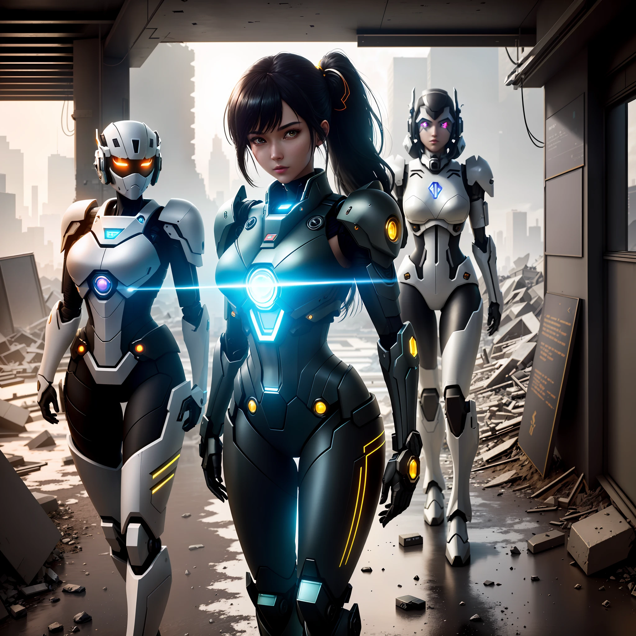 ((Best quality)), ((masterpiece)), (highly detailed:1.3), 3D,Shitu-mecha, beautiful cyberpunk women with her mecha in the ruins of city from a forgoten war, ancient technology,HDR (High Dynamic Range),Ray Tracing,NVIDIA RTX,Super-Resolution,Unreal 5,Subsurface scattering,PBR Texturing,Post-processing,Anisotropic Filtering,Depth-of-field,Maximum clarity and sharpness,Multi-layered textures,Albedo and Specular maps,Surface shading,Accurate simulation of light-material interaction,Perfect proportions,Octane Render,Two-tone lighting,Low ISO,White balance,Rule of thirds,Wide aperature,8K RAW,Efficient Sub-Pixel,sub-pixel convolution,luminescent particles,light scattering,Tyndall effect