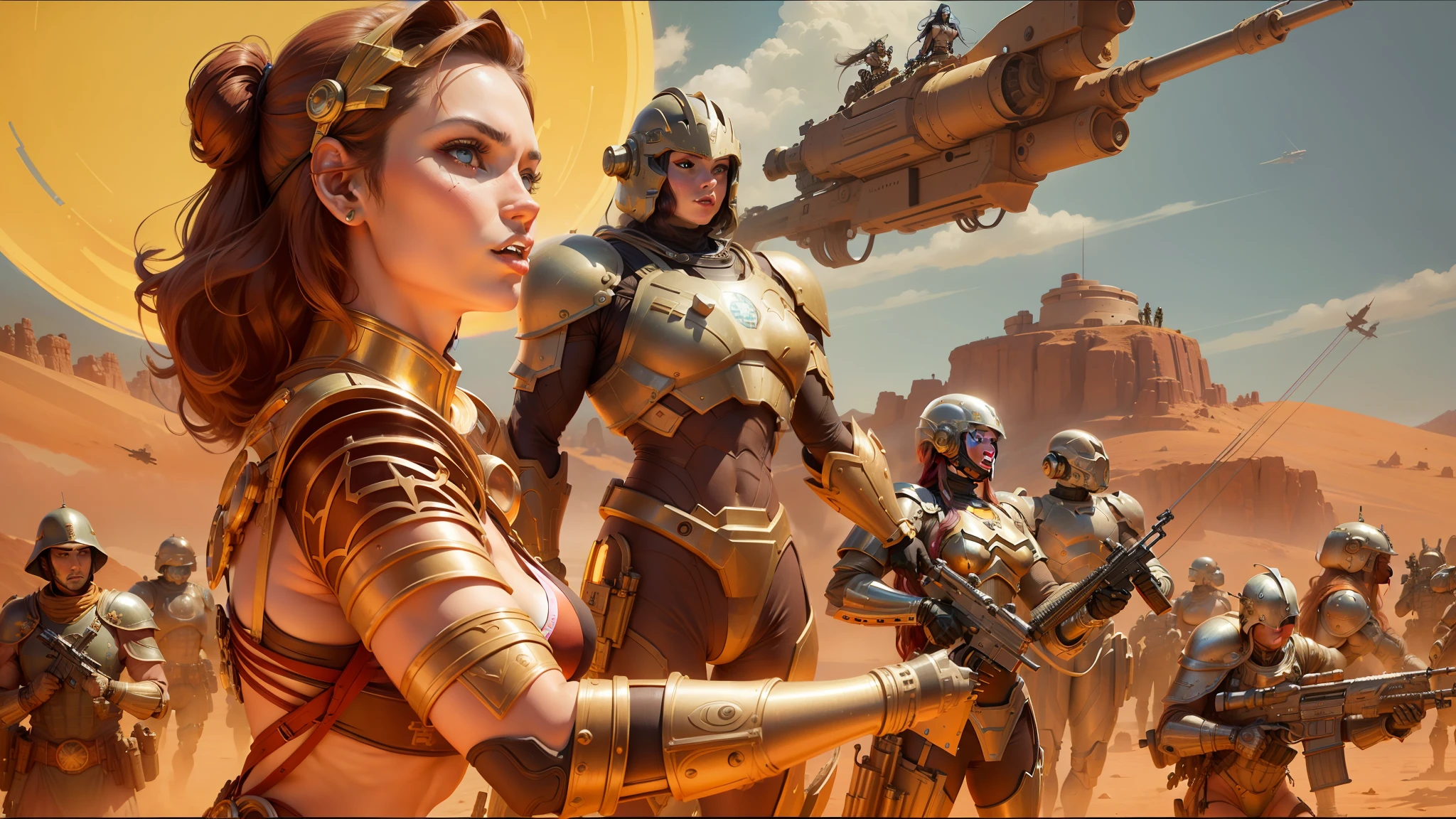 arafed woman in a bikini with guns and armor in front of a group of soldiers, barsoom, trending on deviantart, cybersyn, golden etched breastplate, by Rick Amor, stephen hickman, “ femme on a galactic shore, portrait of megan fox as a queen, el dorado, # sci - fi, mechanized valkyrie girl, sci - fi - --ar 16:9 --v 5.1