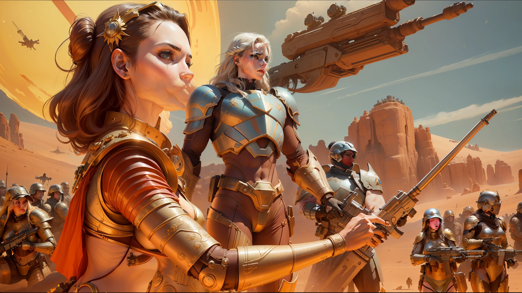 arafed woman in a bikini with guns and armor in front of a group of soldiers, barsoom, trending on deviantart, cybersyn, golden etched breastplate, by Rick Amor, stephen hickman, “ femme on a galactic shore, portrait of megan fox as a queen, el dorado, # sci - fi, mechanized valkyrie girl, sci - fi - --ar 16:9 --v 5.1