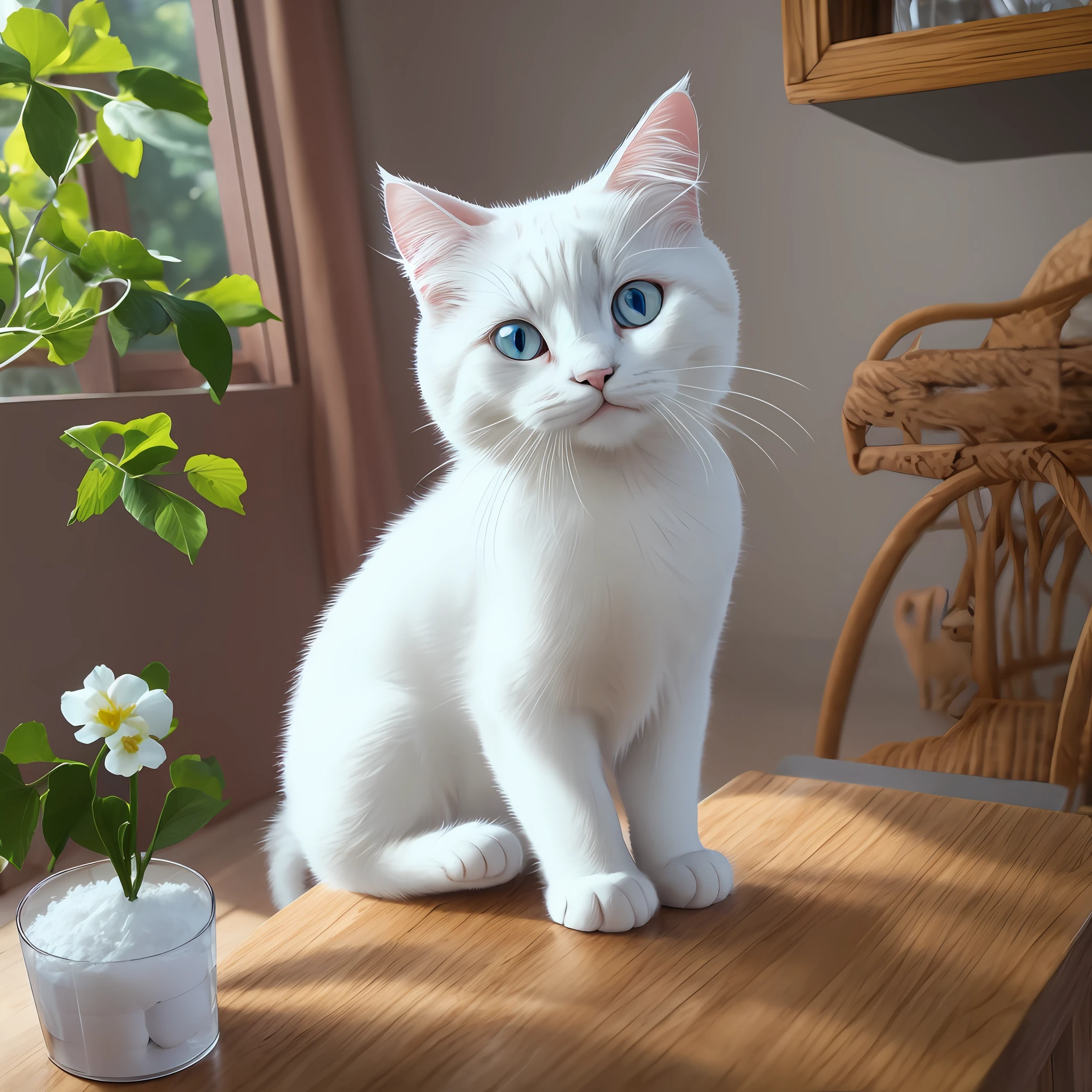 White cat, (Himalaya), (small)))), face, front paws outstretched, 8K, professional photo, delicate, clear, on table, inside the house, sunlight, light leakage, masterpiece, ((pretty)), plush toy, round pupils --auto --s2