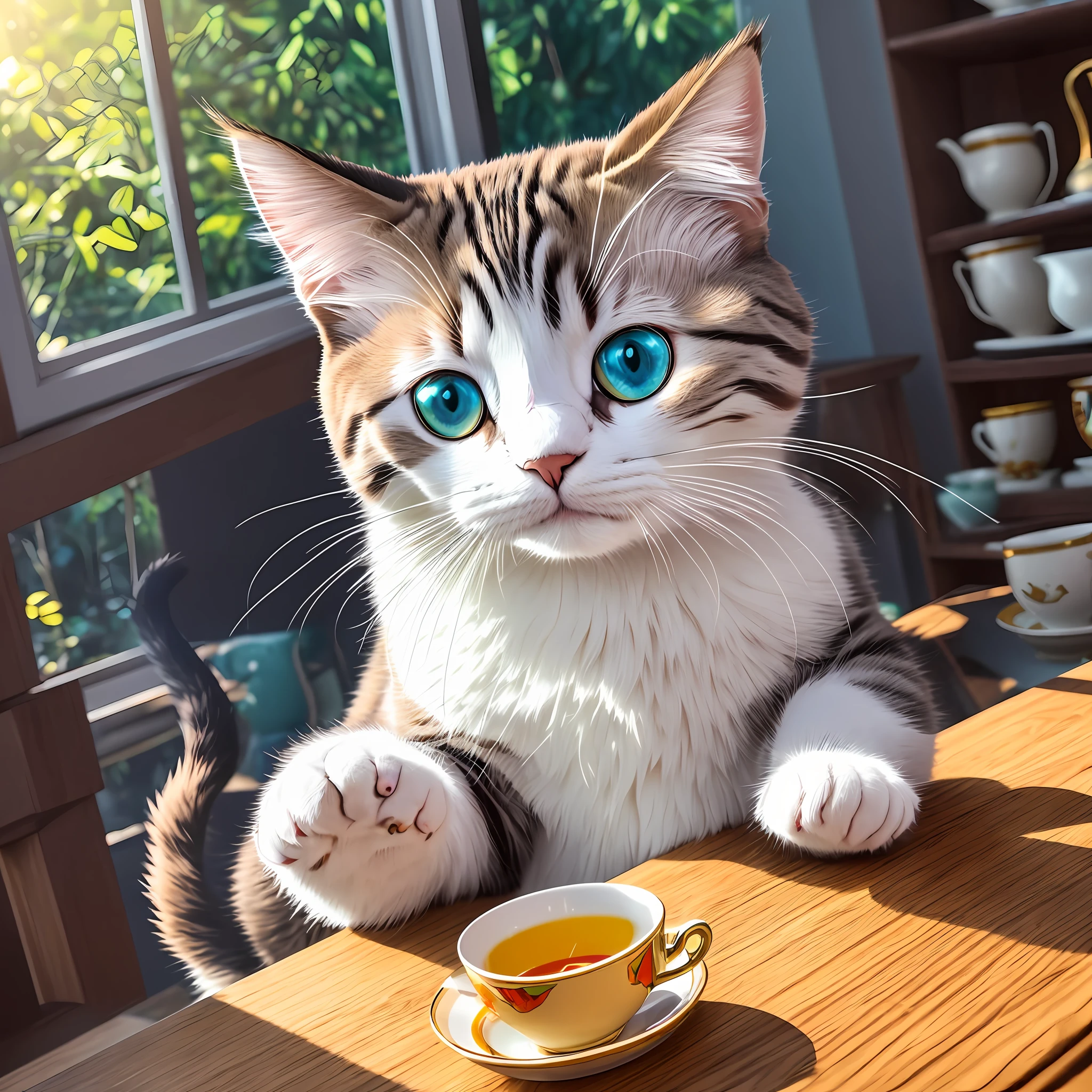 colorful cat, (Himalaya), (little)))), face, front paws sticking out, 8K, professional photo, delicate, clear, on table, inside the house, sunlight, light leaking, masterpiece, ((pretty)), fashion teacup, plush toy, round pupils --auto --s2