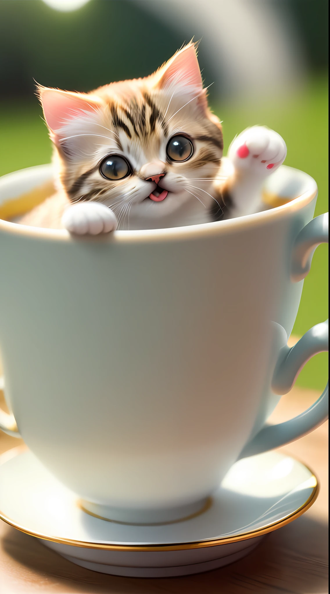 Cat, ((((small)))), in a teacup, face out, tongue sticking, paws sticking out of teacup, 8k, professional photo, delicate, clear, on table, in the house, sunshine, light leak, masterpiece, ((((pretty))), (fashionable teacup), reality, like a stuffed animal