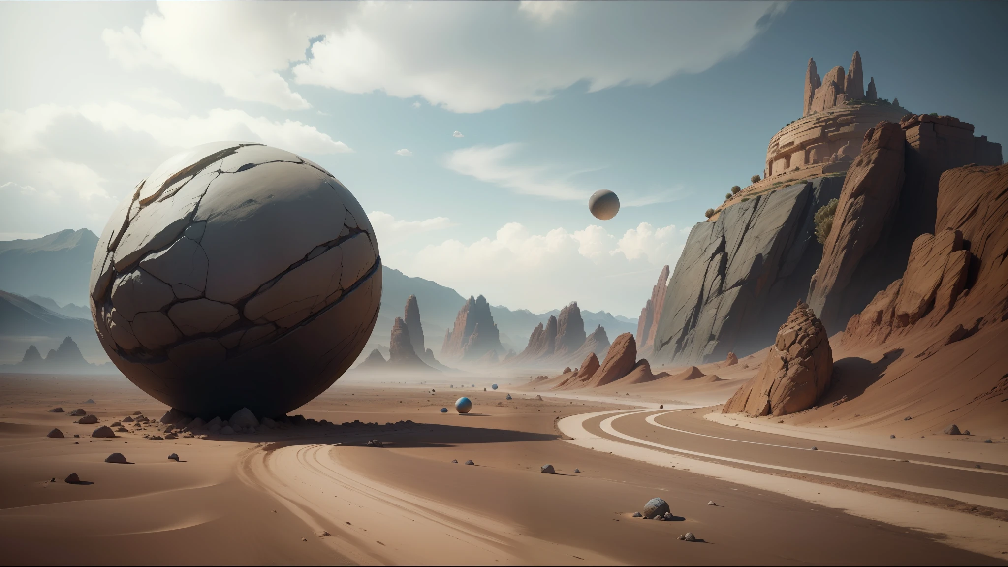 there is a large rock in the middle of a desert, behance contest winner, hyperrealism. fantasy 4k, energy spheres, neal asher sci - fi, entering the mind maze, ( conceptual art ), !dream concept art, allegorical realism, sisyphus compostition, love craftian