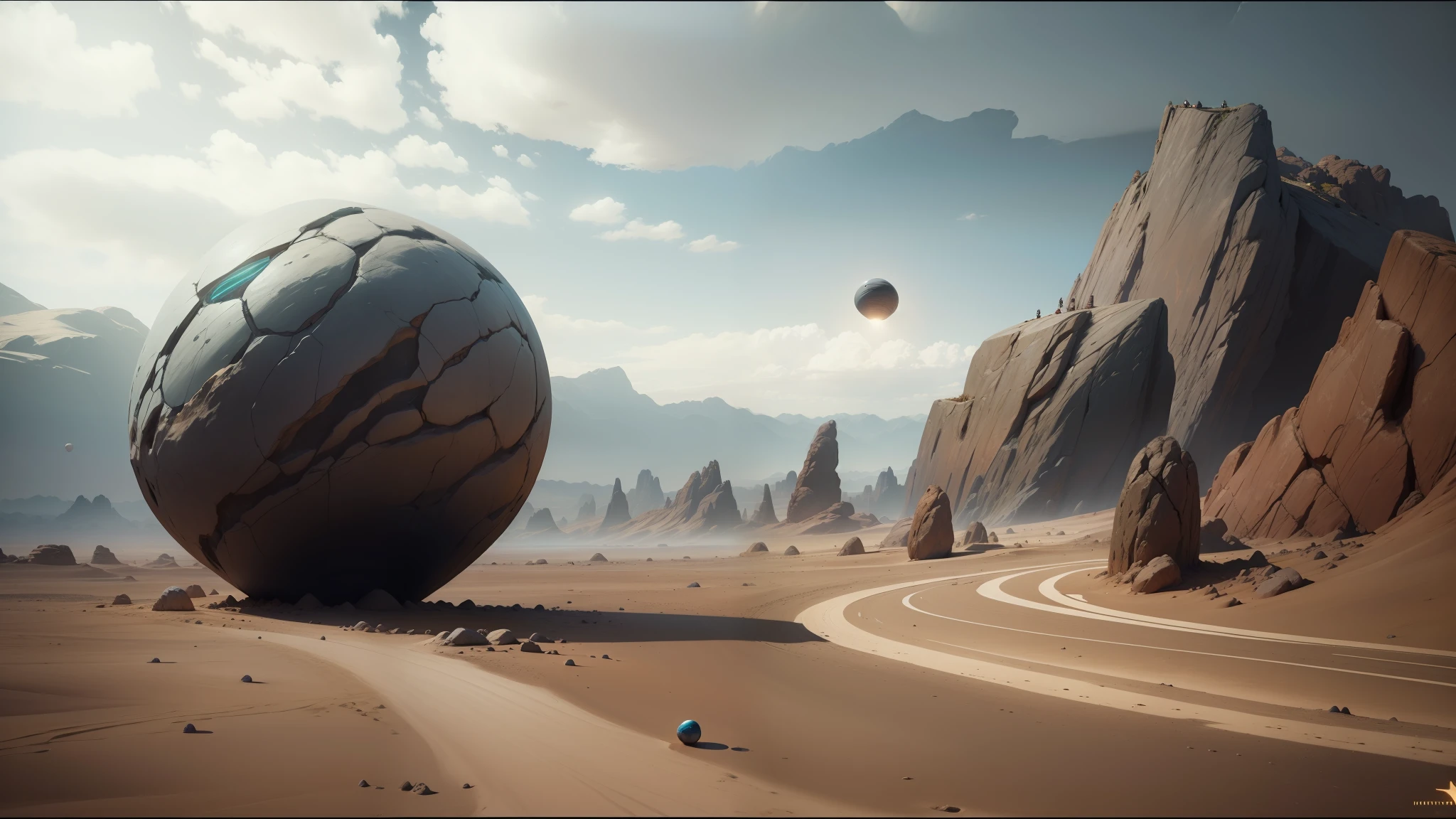 there is a large rock in the middle of a desert, behance contest winner, hyperrealism. fantasy 4k, energy spheres, neal asher sci - fi, entering the mind maze, ( conceptual art ), !dream concept art, allegorical realism, sisyphus compostition, love craftian