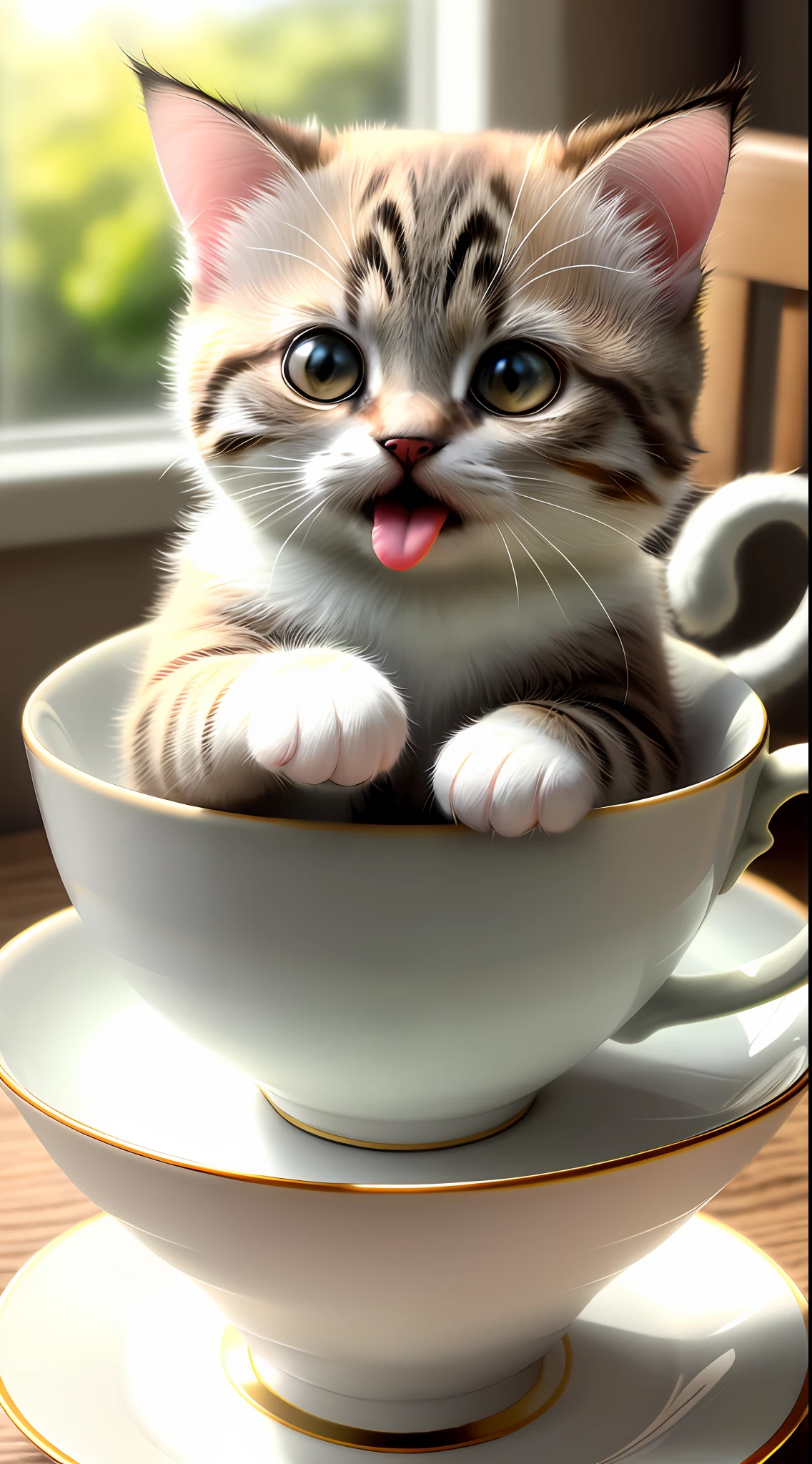 Cat, ((((small)))), in a teacup, face out, tongue sticking, paws sticking out of teacup, 8k, professional photo, delicate, clear, on table, in the house, sunshine, light leak, masterpiece, ((((pretty))), (fashionable teacup), reality, like a stuffed animal