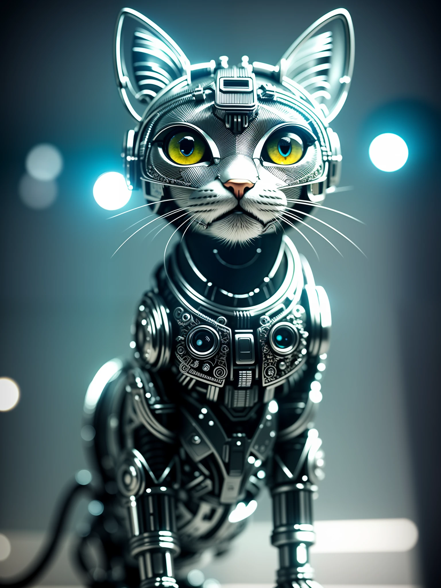 A cute kitten made of metal, (cyborg:1.1), ([tail|detailed wire]:1.3), (intricate detail), hdr, (intricate detail, hyperdetailed:1.2), cine footage, halo shadow, centered