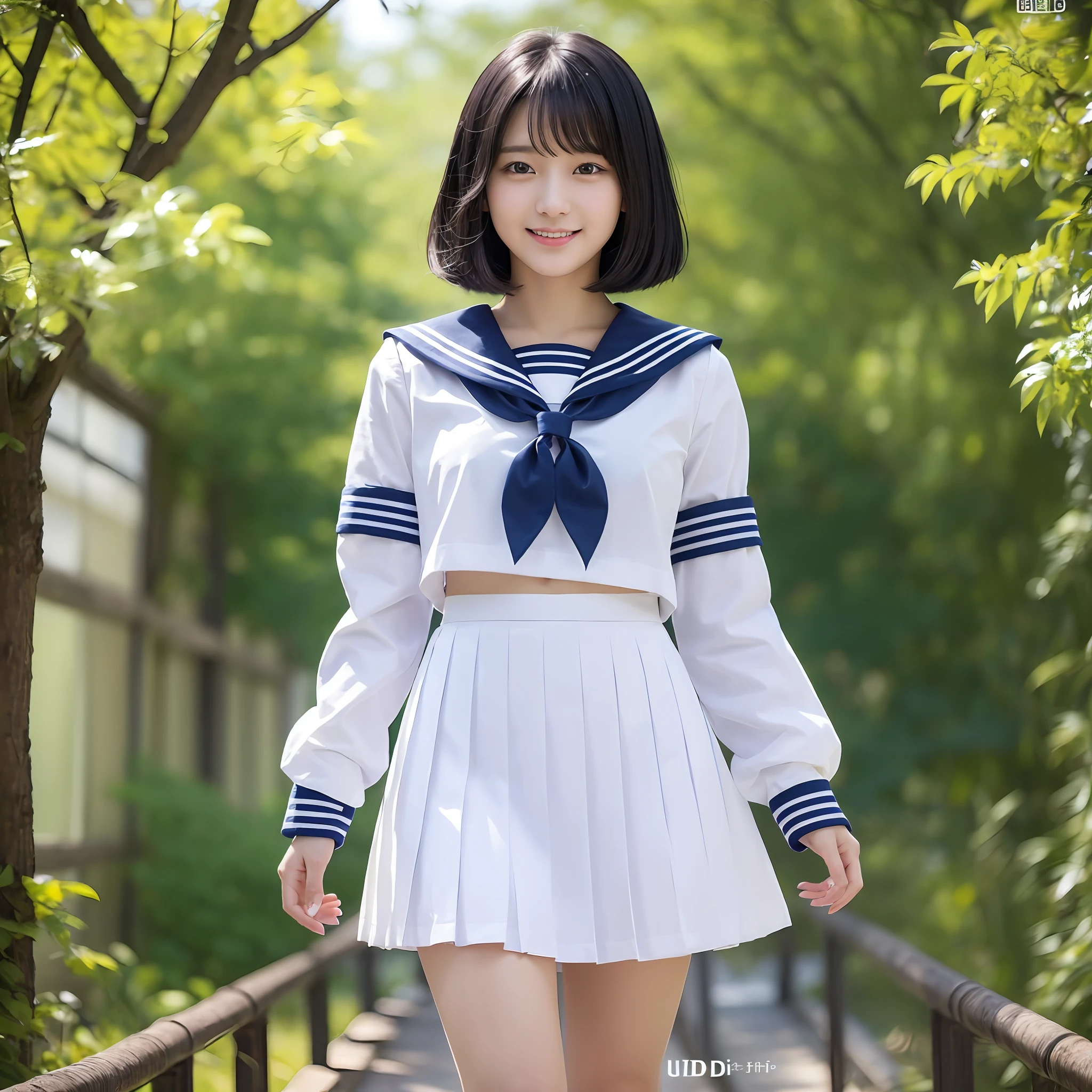 (Best Quality, 8k, 32k, Masterpiece, UHD: 1.3), Cute Japan Woman Pictures, 1 Girl, (Beautiful: 1.2), Abs, Perfect Body, Super Detailed Face, Detailed Lips, Detailed Eyes, Double Eyelids, ((School Uniform, White Sailor Suit, Navy Blue Skirt)), Smile, 16 years old, High School Student, Slim Figure, Constricted Waist, (Black Hair, Short Hair, Straight Hair), Straight Hairstyle --auto --s2