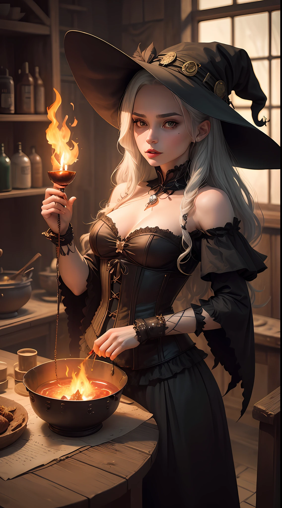 Beautiful sexy witch, corset, ethnic jewelry, bats, tame monster on a leash, leather, witch in witch's lair, beautiful femme fatale in a witch costume brewing a witchcraft potion, the interior of a village house, a huge cauldron with boiling green liquid, many small interior details, bundles of dried grass everywhere, witchcraft potions, old books, gloomy contrasting fire lighting, the gloomy atmosphere of a fairy tale about a witch, Like a painting by an old artist, photorealism, like an illustration from a book