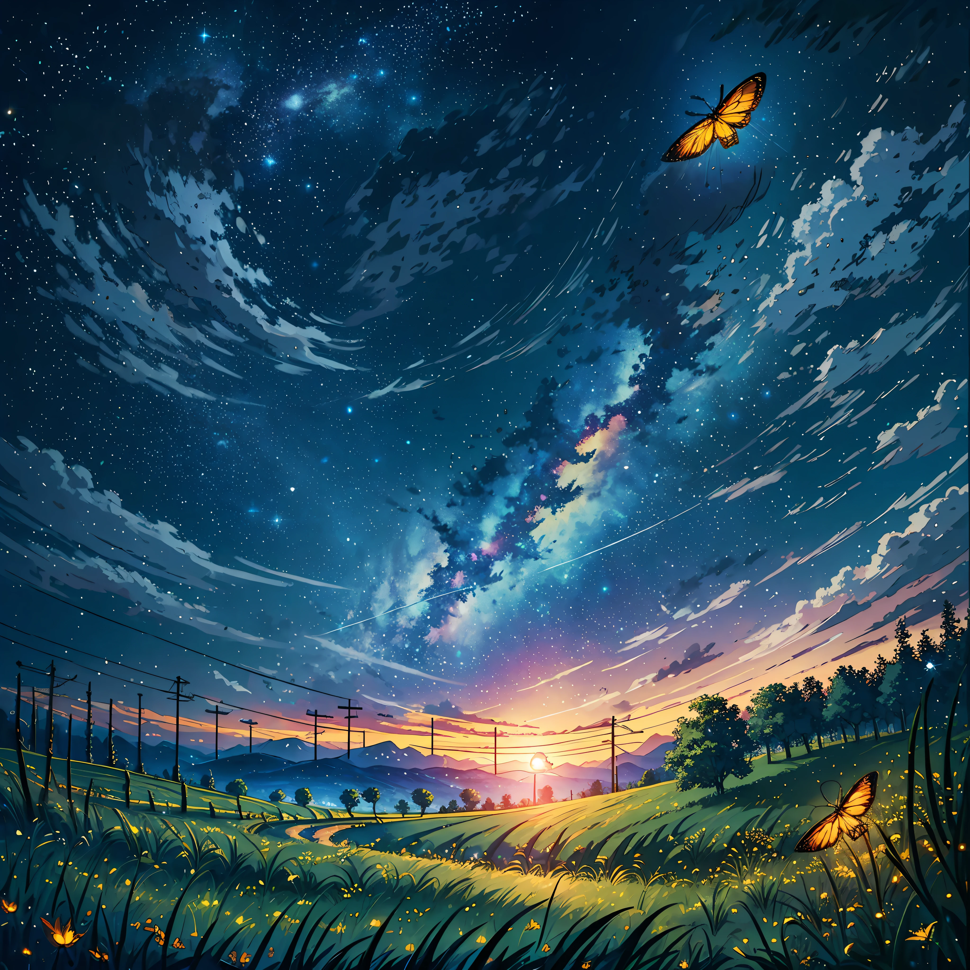 Countryside, paths, fireflies, summer, night, Starry sky, stars, silence, Surrealism, high detail, Futurism, high quality, high quality, UHD --auto --s2
