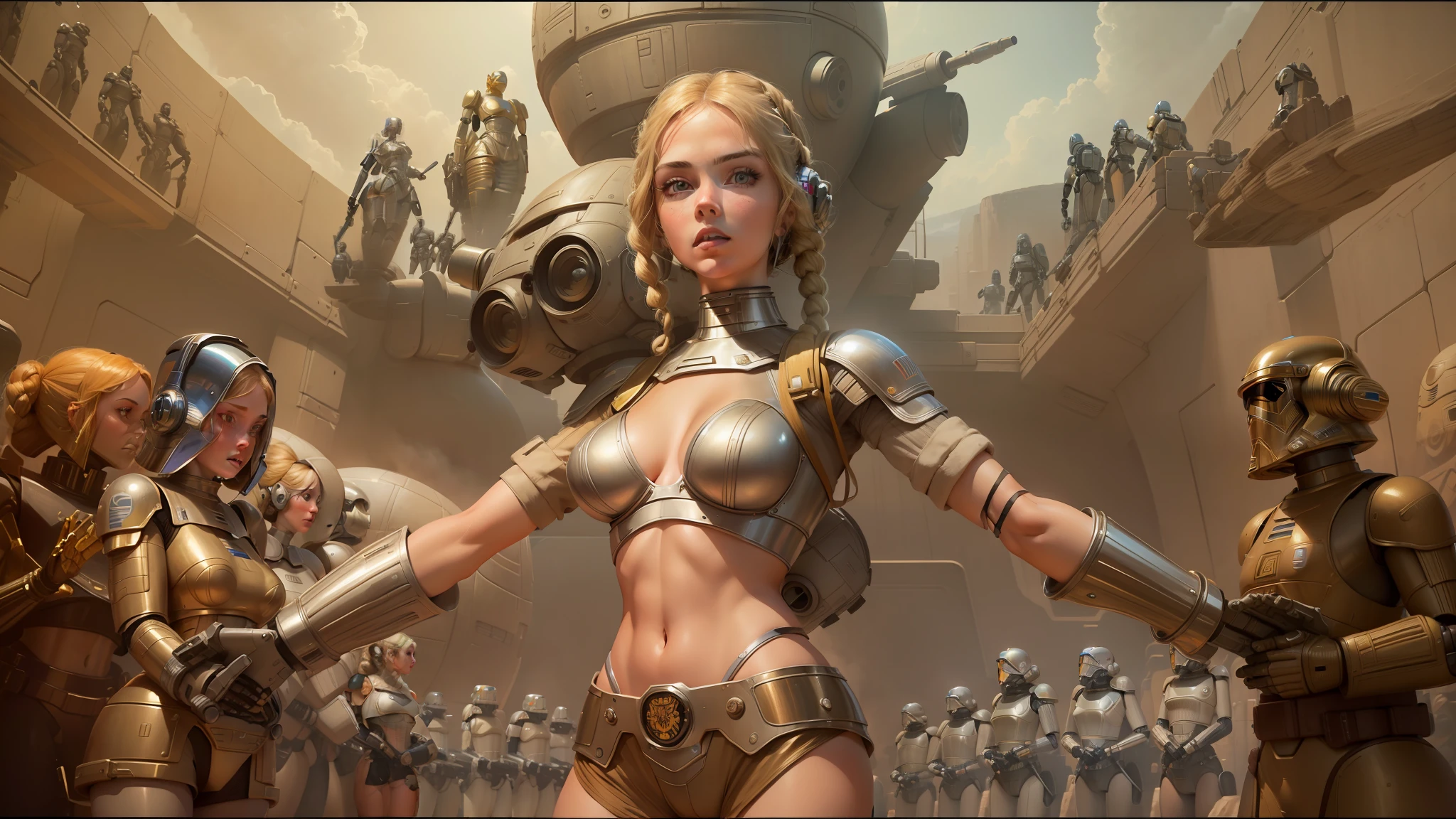 blond woman in short shorts and a short top standing in front of a group of robots, dan mumford and alex grey style, still from star wars, gill elvgren, girl clouds, steel armor, seventies era, taylor swift as princess leia, tom whalen 8 k --ar 16:9 --v 5.1