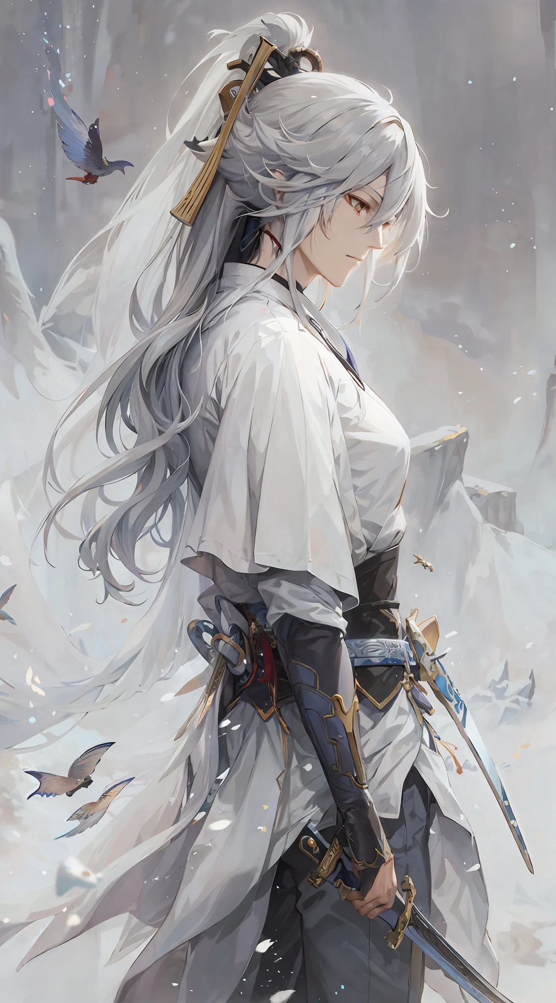 Anime boy with long white hair and sword in snow, Guwiz in pixiv art station, Guwiz style artwork, Yang J, Guwiz in art station pixiv, beautiful character painting, Guvitz, Leng Mei, Zeng Jing, beautiful anime artwork, Wujun Shifan