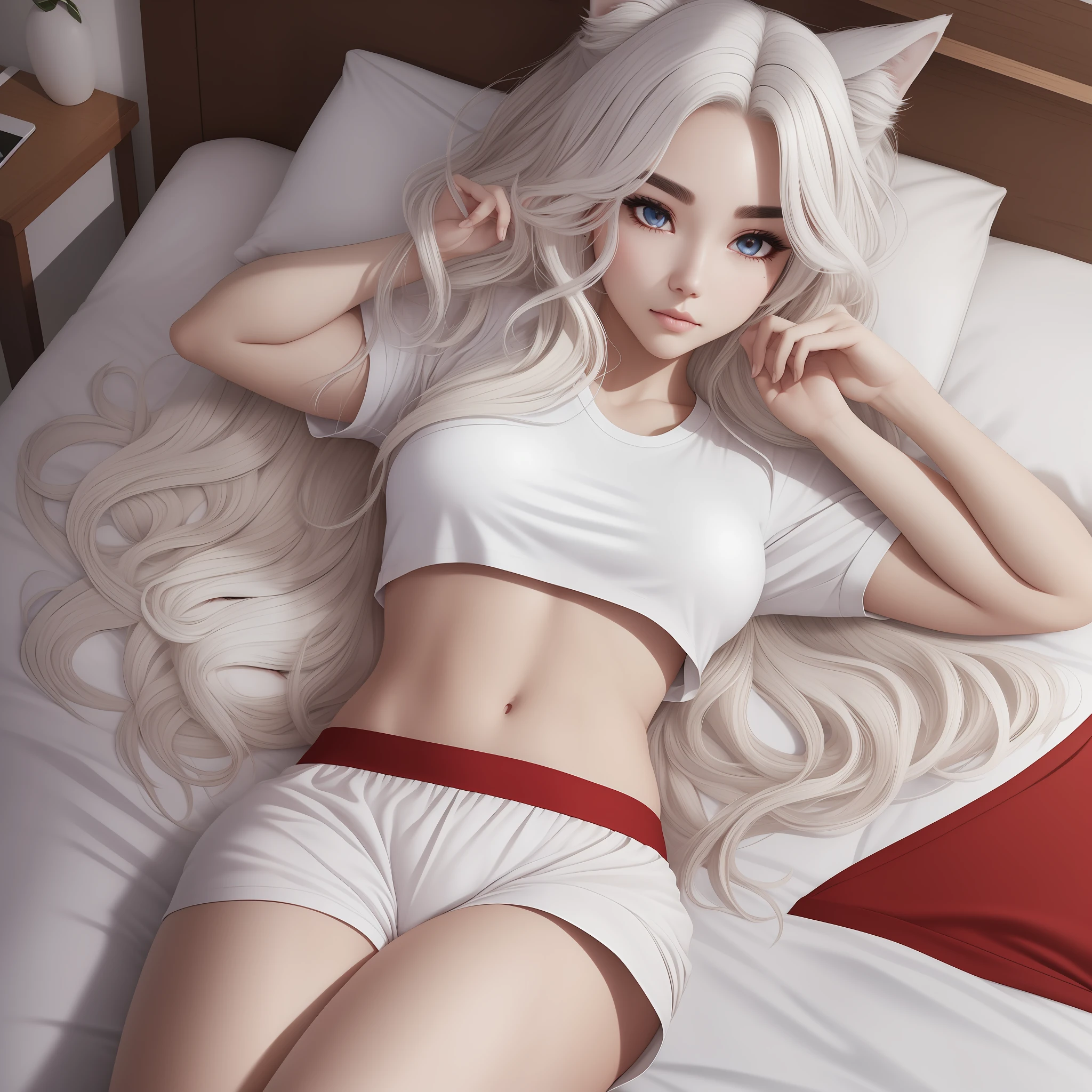 Realistic, high resolution, 1 female, wolf cut white wavy hair, Korean, heterochromic eyes, thick eyebrows, small moles under the eyes, loose white shirt, red sweatpants, medium chest, thin waist, thighs, self-touch on the bed --auto --s2