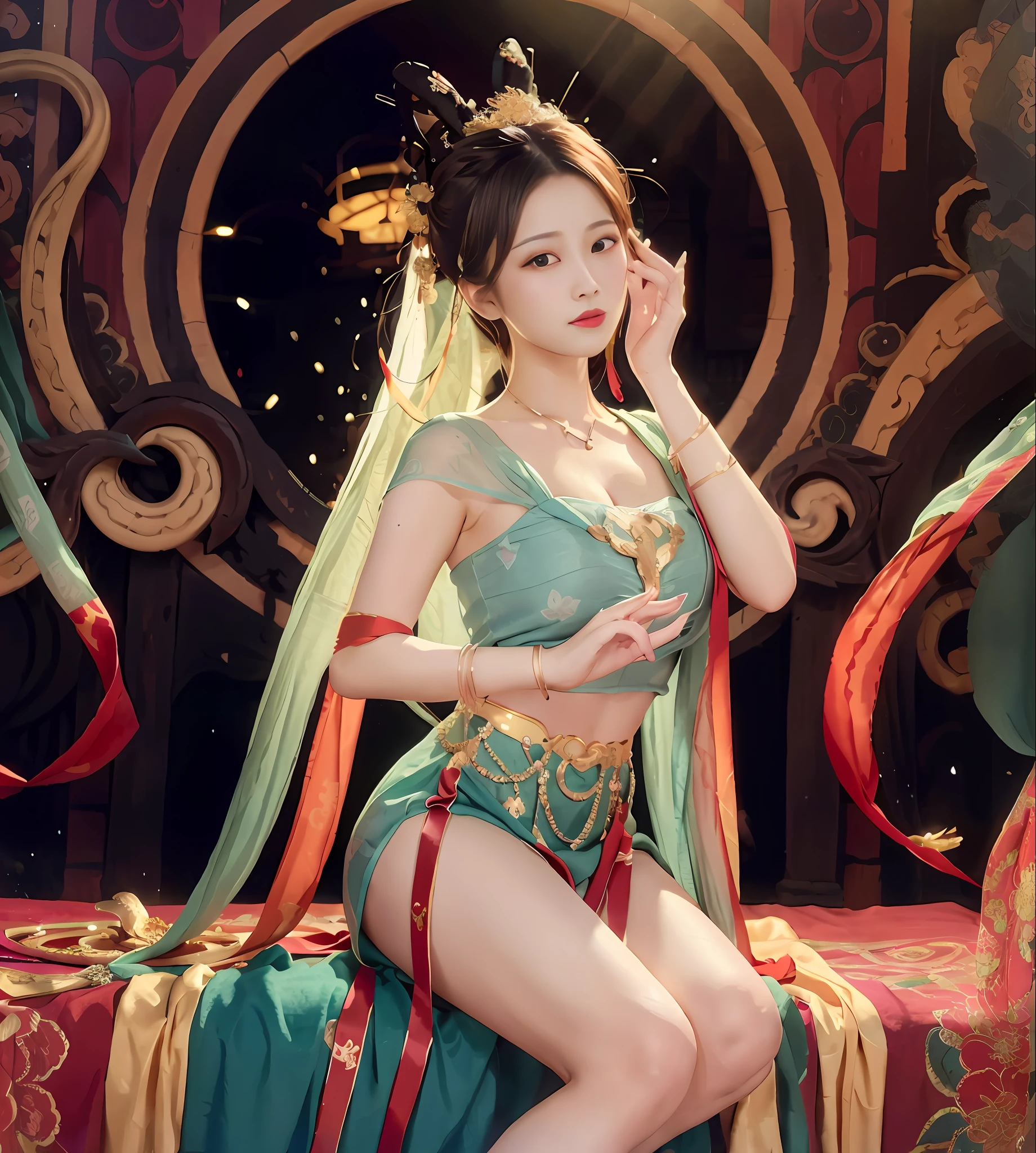 araffe woman in a green dress sitting on a bed, a beautiful fantasy empress, palace , a girl in hanfu, full body xianxia, inspired by Lan Ying, chinese costume, queen of the sea mu yanling, ((a beautiful fantasy empress)), beautiful render of tang dynasty, xianxia fantasy, inspired by Pu Hua, chinese fantasy