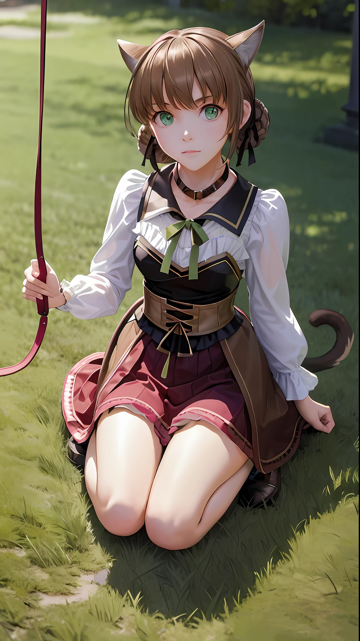 masterpiece, ultra high quality CG, best quality, perfect picture, solo, Duvalie (brown hair with braided buns, green eyes, bustier, cute, small breasts), wearing a cat cosplay, pet, on all fours, walking on all fours, on a lawn, (((wearing a leash on neck))),