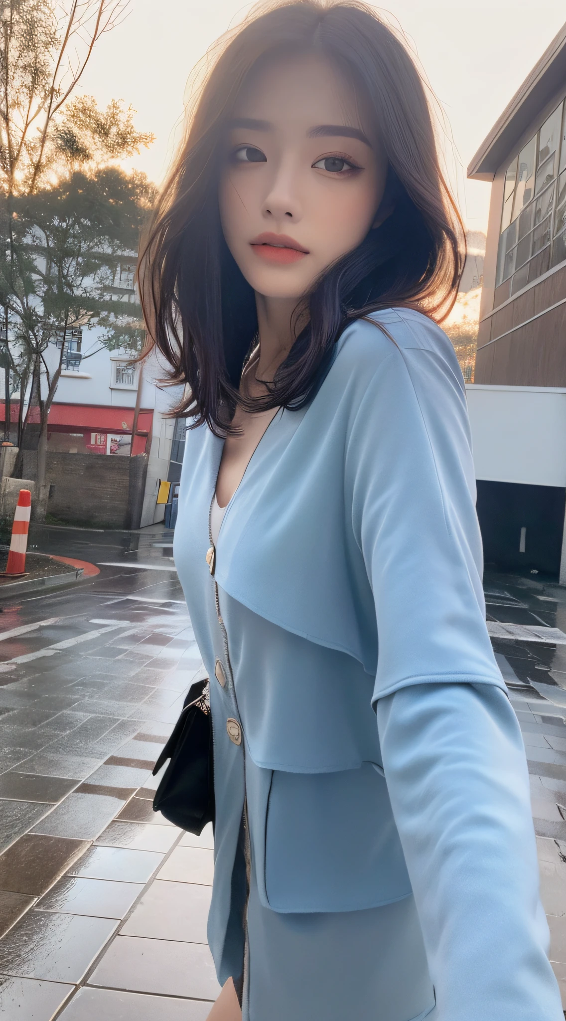 (Top Quality, 8k, Masterpiece: 1.3)), Focus: 1.2, Perfect Body Beauty: 1.4, Ass: 1.2, ((Layered Haircut, Chest: 1.2)), (Black Wetwear: 1.1), (Rain, Street: 1.3), Bando Dress: 1.1, Highly Detailed Face and Skin Texture, Fine Eyes, Double Eyelids, Whitened Skin, Long Hair, (Silent: 1.3), Snowy landscape in the background