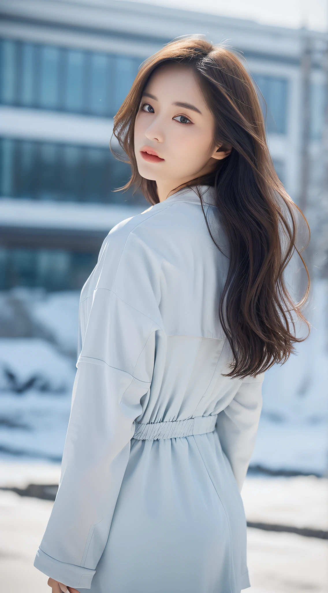 (Top Quality, 8k, Masterpiece: 1.3)), Focus: 1.2, Perfect Body Beauty: 1.4, Ass: 1.2, ((Layered Haircut, Chest: 1.2)), (Black Wetwear: 1.1), (Rain, Street: 1.3), Bando Dress: 1.1, Highly Detailed Face and Skin Texture, Fine Eyes, Double Eyelids, Whitened Skin, Long Hair, (Silent: 1.3), Snowy landscape in the background