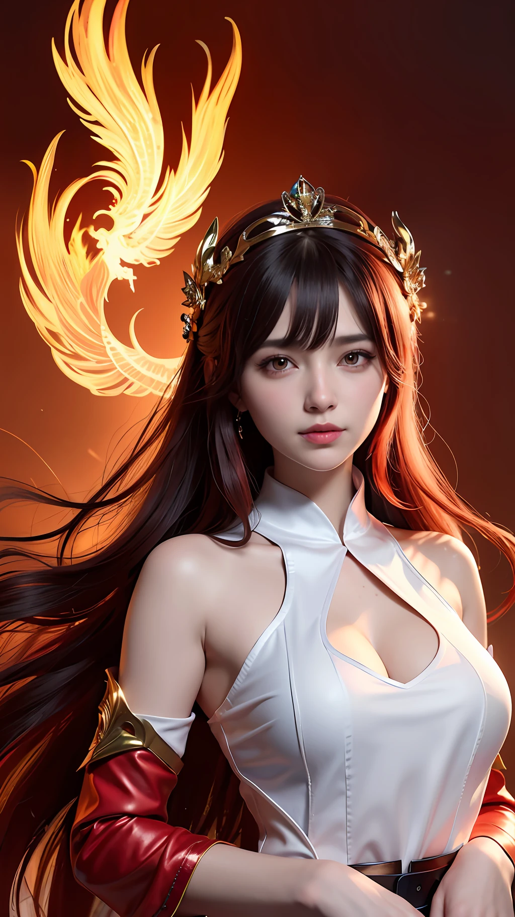 1 Beautiful fairy woman, In the Dark: 1.6), surreal female portrait by David Hockney and Alphonse Mucha, fantasy art, korea doll, photorealism, dynamic lighting, artstation, poster, volumetric lighting, very detailed faces, 8k ultra, all body, Awarded, in the dark, deep shadow, low key, cowboy lens, (Red phoenix dress: 1.4), long hair, black hair, bust, luxurious palace, Royal style,fairy woman crown, Big round black eyes, style Royal, The most beautiful face, big and regular breasts, Super realistic, chinese women's clothing, polo neck sweater, Charming smile, The eyes are very well made up, guweiz, hanfu, Ancient style, loong, forehead mark, upper body,
