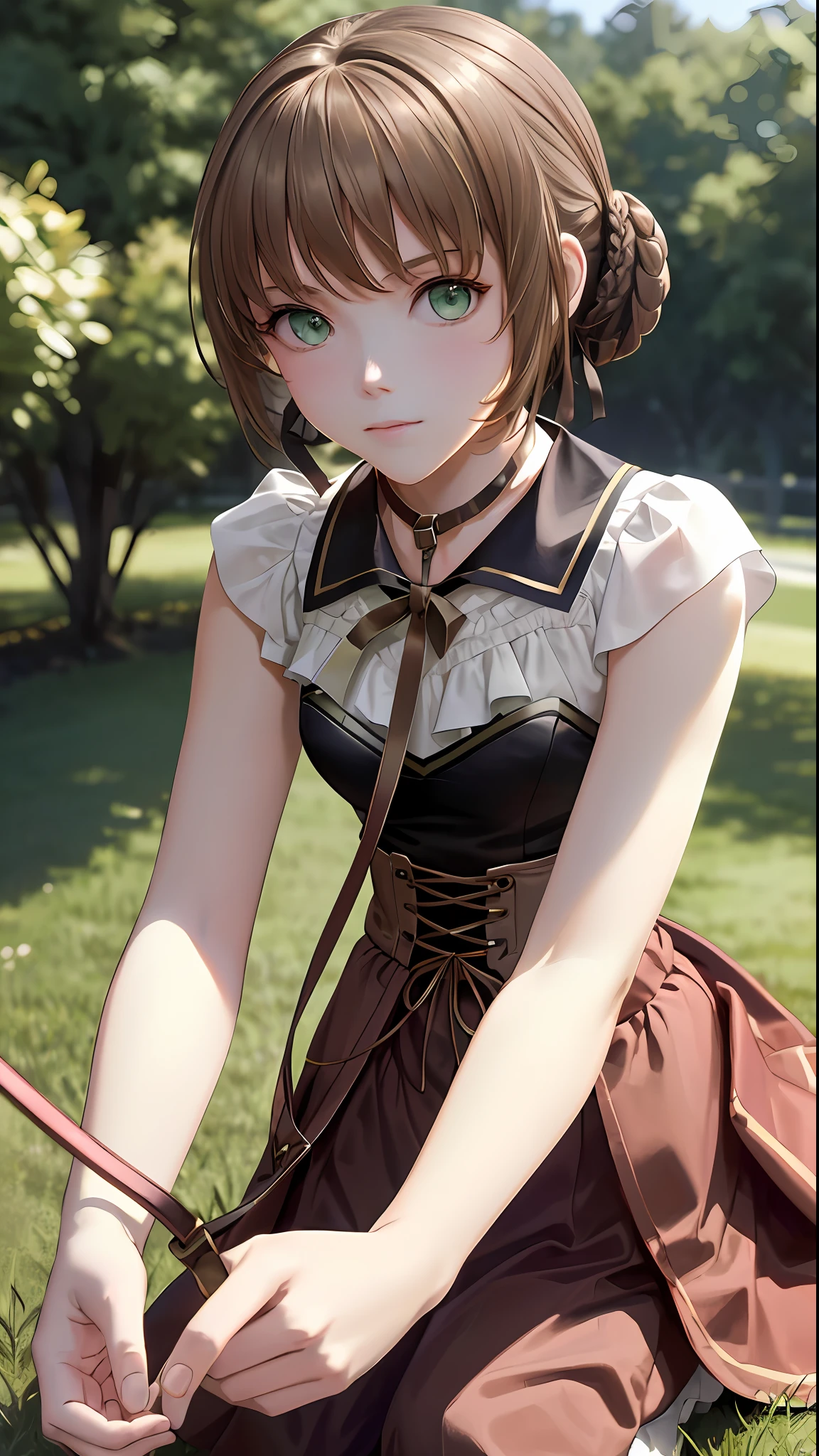 masterpiece, ultra high quality CG, best quality, perfect picture, solo, Duvalie (brown hair with braided buns, green eyes, bustier, cute, small breasts), wearing a cat cosplay, pet, on all fours, walking on all fours, on a lawn, (((wearing a leash on neck))),