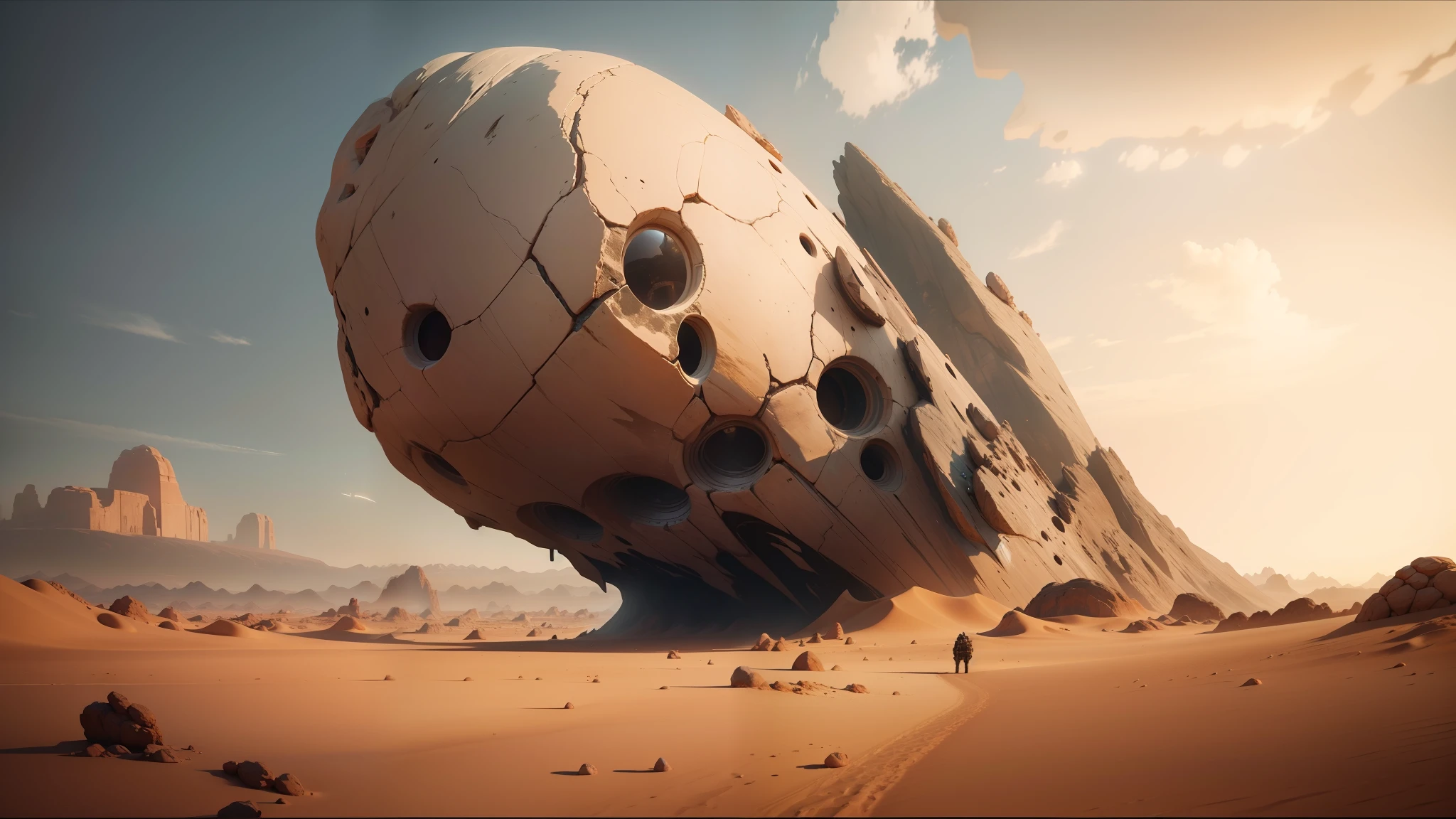 there is a giant rock with a face on it in the desert, award on cgsociety, affinity photo, destroyed ship, film still from movie dune-2021, 8k stunning artwork, installation, inspired by Moses van Uyttenbroeck, whale fall, artwork empty daylight, dreamcore aesthetic, surrealisme aesthetic
