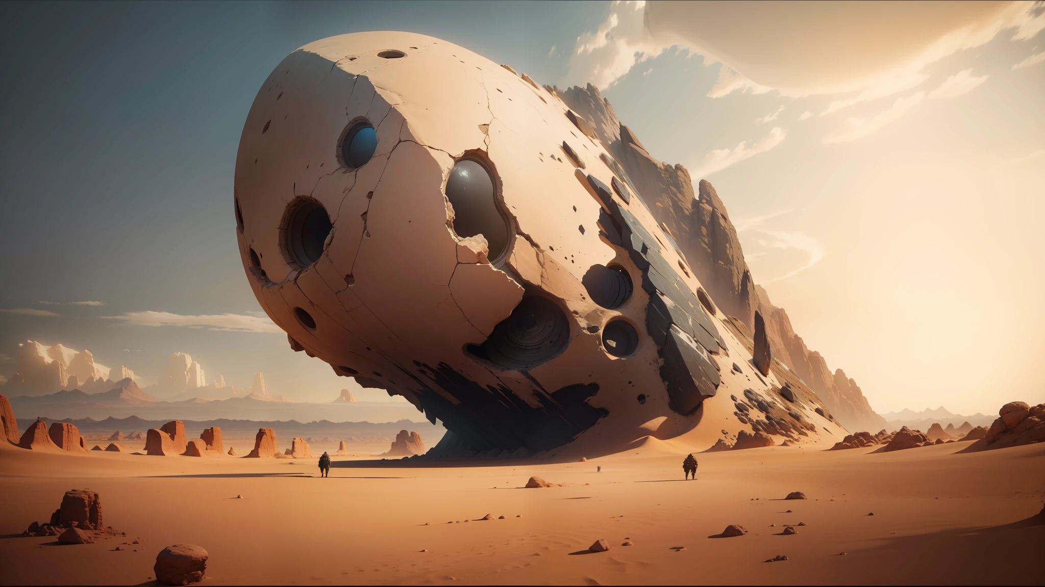 there is a giant rock with a face on it in the desert, award on cgsociety, affinity photo, destroyed ship, film still from movie dune-2021, 8k stunning artwork, installation, inspired by Moses van Uyttenbroeck, whale fall, artwork empty daylight, dreamcore aesthetic, surrealisme aesthetic