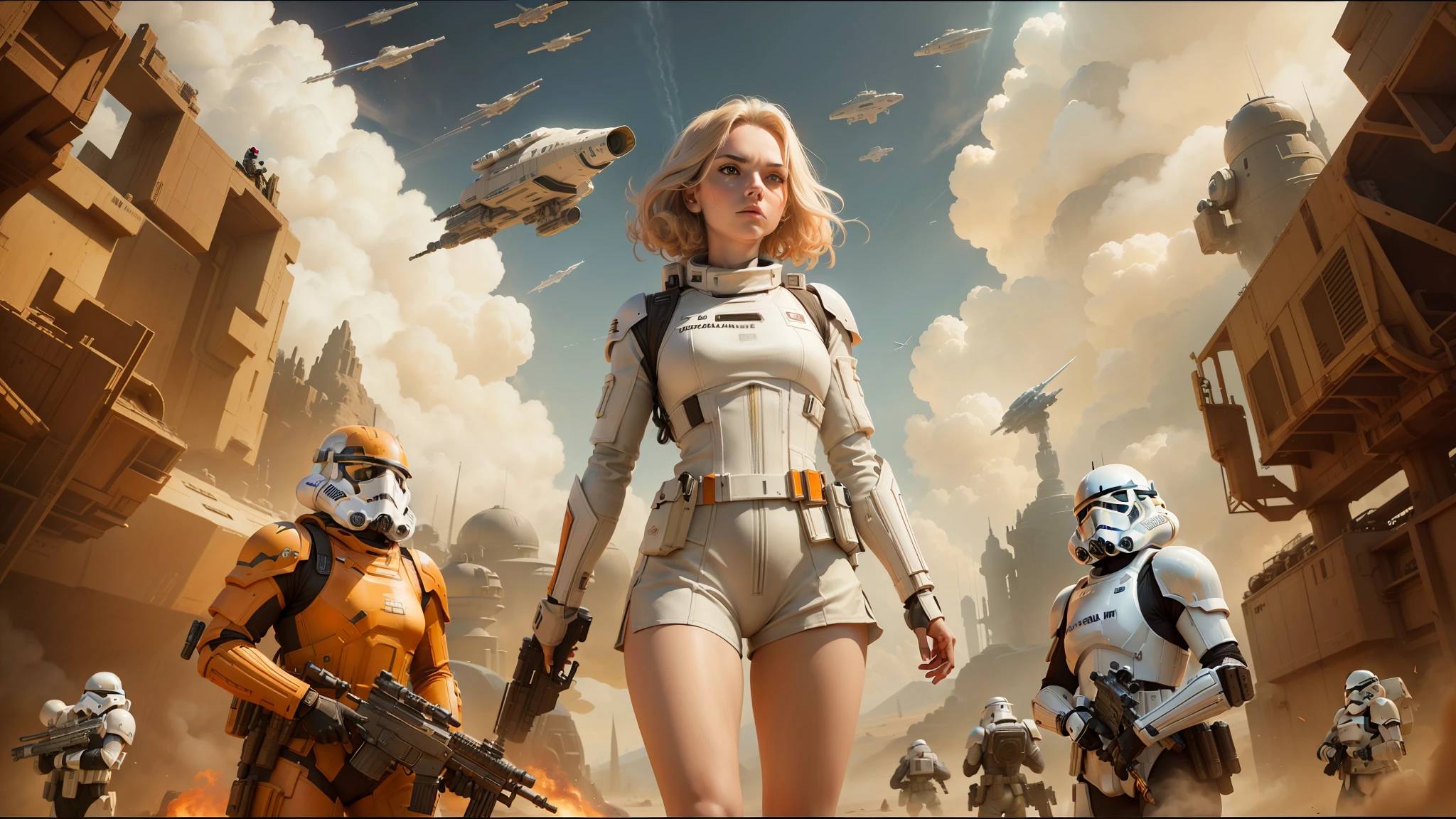 there is a woman holding a gun in front of a spaceship, hyperrealistic fantasy art, doom eternal, female stormtrooper, heaven planet in background, inspired by Jan Victors, in foreground boy with shotgun, orianna, grey orange, dune (2021) --ar 16:9 --v 5.1