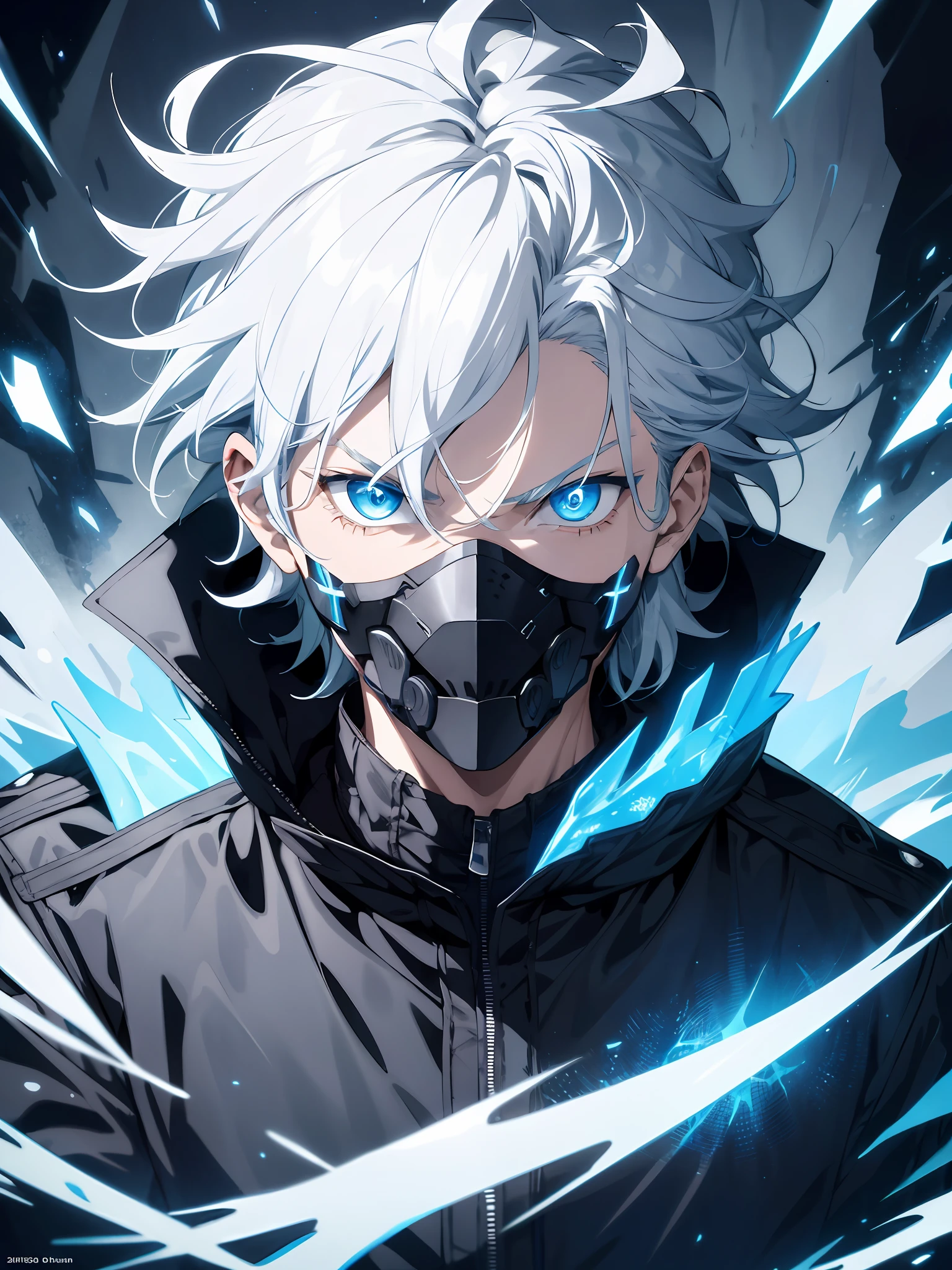 1boy,wearing a black jacket with blue energy running throughout the jacket,white hair,close up shot, dragon eyes, futuristic mouth mask,blue outlines on the jacket,deep blue eyes, wavy messy unkept hair, ultra detailed eyes, glowing eyes, highest quality digital art, Stunning art, wallpaper 4k, highly detailed,BREAK