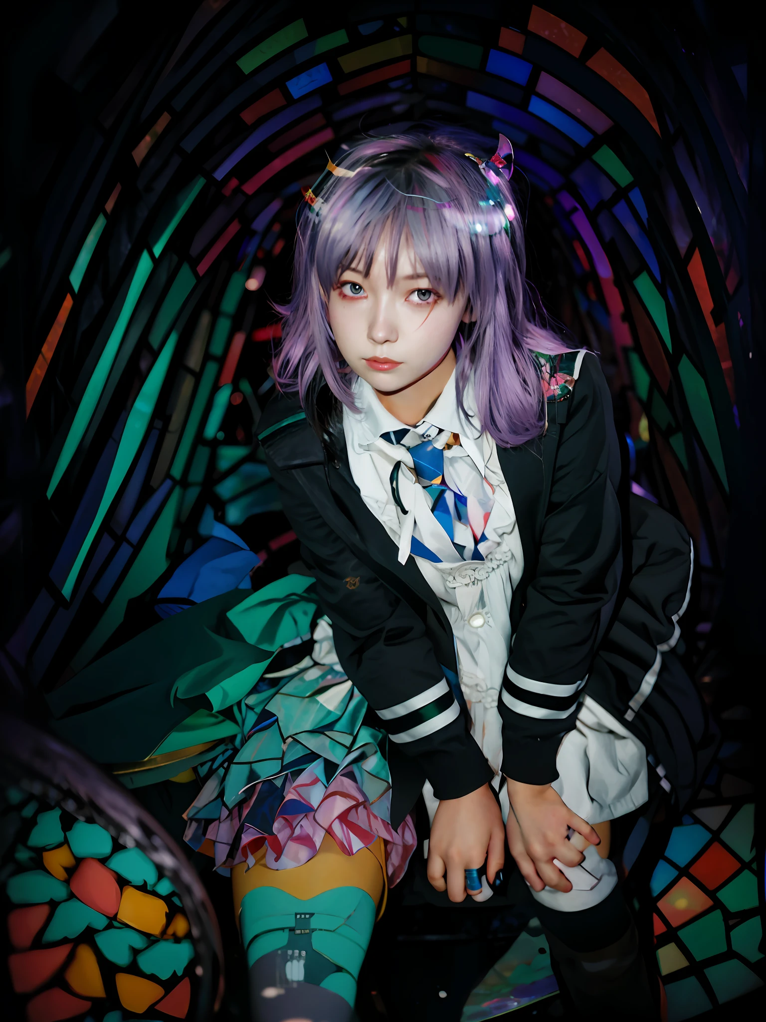 there is a girl that is sitting down in a stained glass tunnel, chiaki nanami from danganronpa, anime style mixed with fujifilm, lolish, portrait a woman like reol, portrait of magical girl, digital art from danganronpa, taken with canon eos 5 d, anime girl cosplay, ayaka cosplay, shikamimi