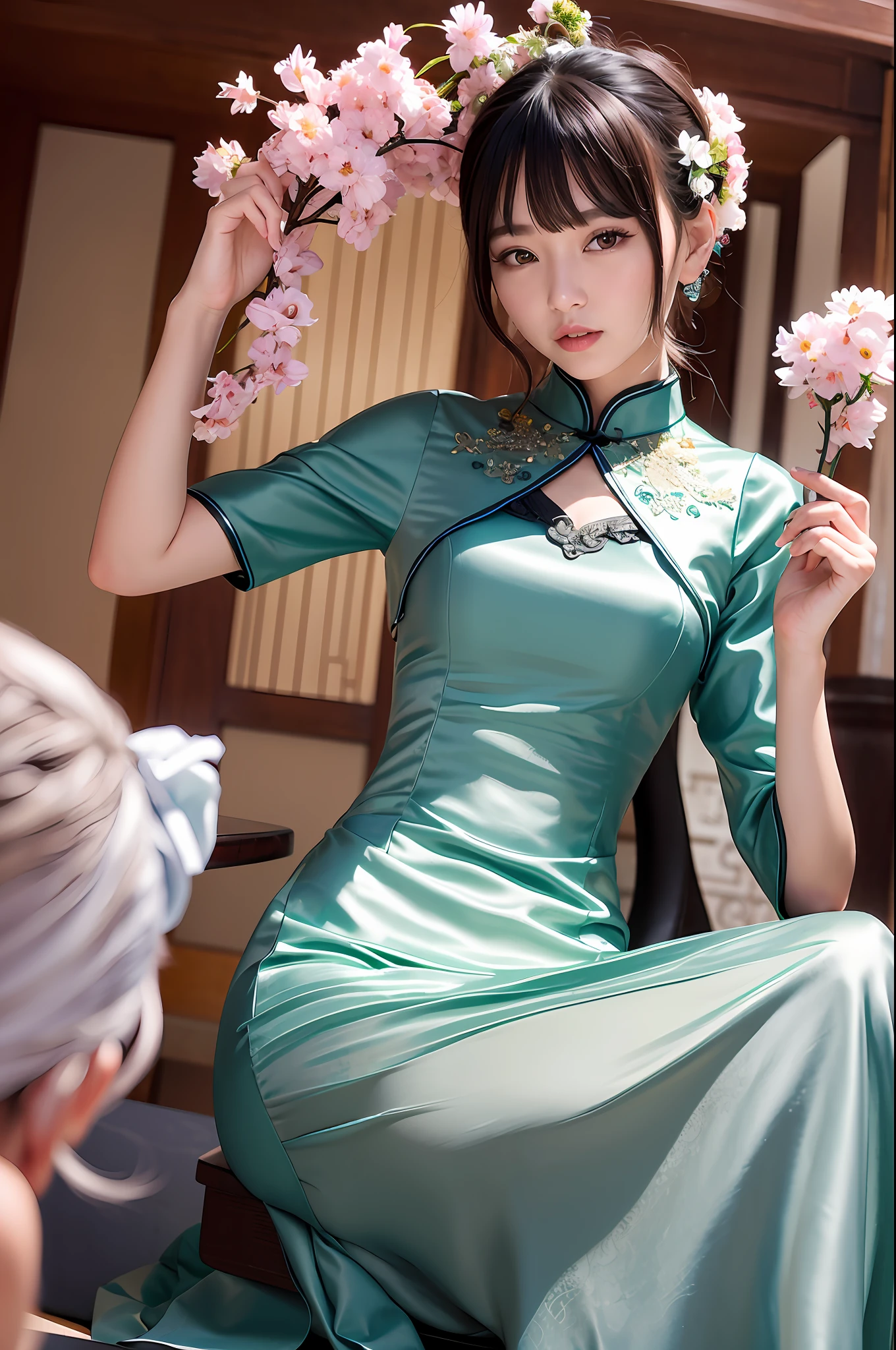 (Masterpiece: 1.0), (Best Quality: 1.4), (Ultra High Resolution: 1.2), (Realistic: 1.4), (8k, RAW Photo: 1.2), (Soft Focus: 1.4), 1 Young Girl, (18yo:1.3), (Sharp Focus: 1.4), (Japanese: 0.7), (Polynesian: 1.4), Detailed Beautiful Face, Brunet, (Detailed Maid Crote: 1.4), (Lace Necklace: 1.2), Beautiful White Shiny Moist Skin, Retro halterneck cheongsam, water drop collar pink rose broken flowers, sleeveless dress design, full of high-end feeling, national style ancient rhyme, new Chinese style dressing, national style cheongsam, half slit, overall simple and modified figure, fairy cheongsam, the upper body is gentle and sweet, elegant temperament, Chinese ancient open cheongsam, chest hollow design elegant and not dull, waist treatment chic and thin, this green is really beautiful, the design of the placket is full of charm, the national trend style cheongsam dress, gentle and elegant, classical charm shows temperament, split design, ink smudge new Chinese style dress , retro Chinese small standing collar, elegant temperament, chiffon print is very flowing, giving people a new Chinese small fresh feeling, flowing fairy elegant and gentle, Chinese style young and elegant, Chinese style is too charming, Chinese style Han element set, color fresh, Chinese style elements, ancient style, hanfu,