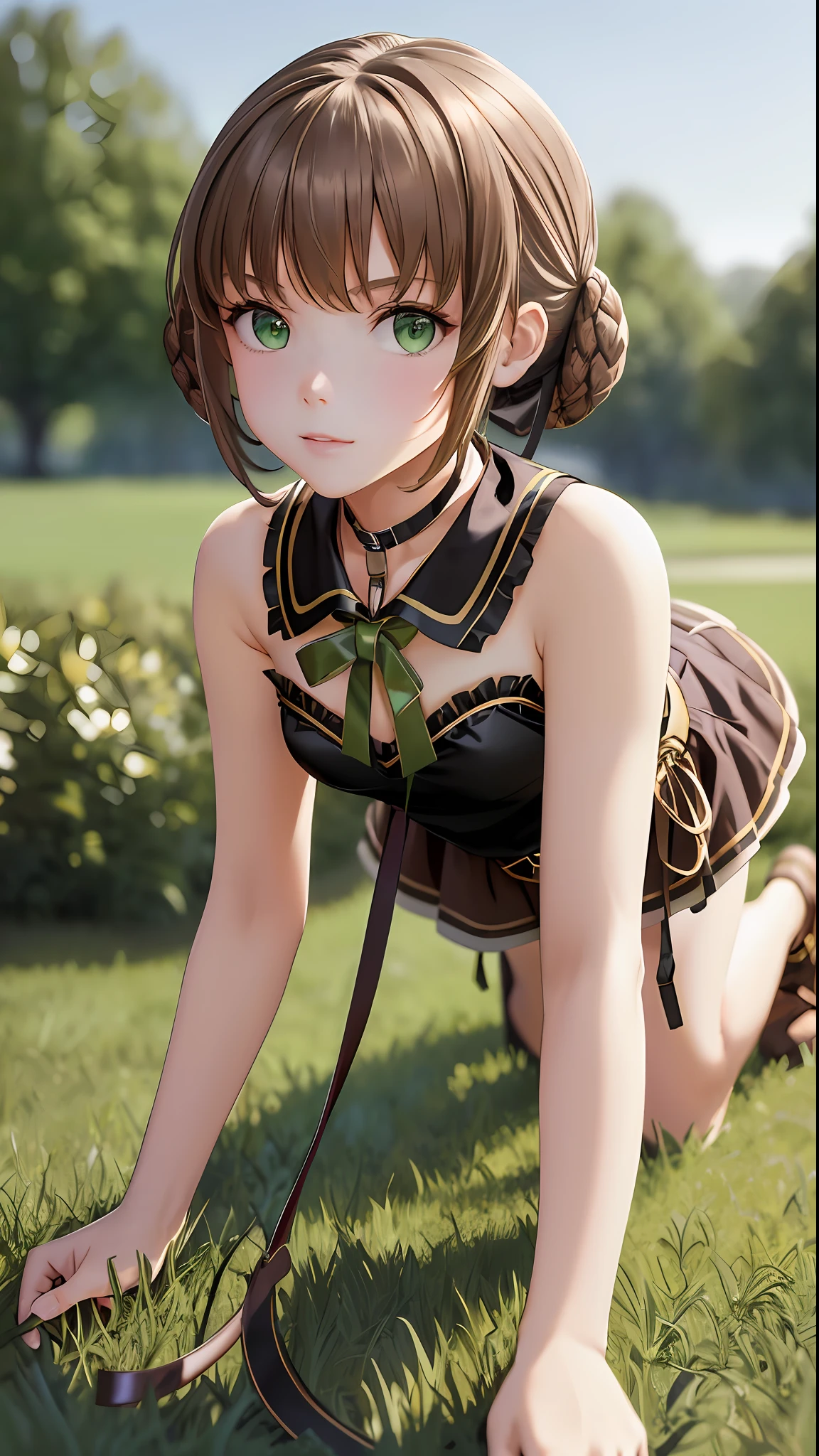 masterpiece, ultra high quality CG, best quality, perfect picture, solo, Duvalie (brown hair with braided buns, green eyes, bustier, cute, small breasts), (wearing a very sexy cat cosplay), pet, on all fours, walking on all fours, on a lawn, ((wearing a leash on neck))),