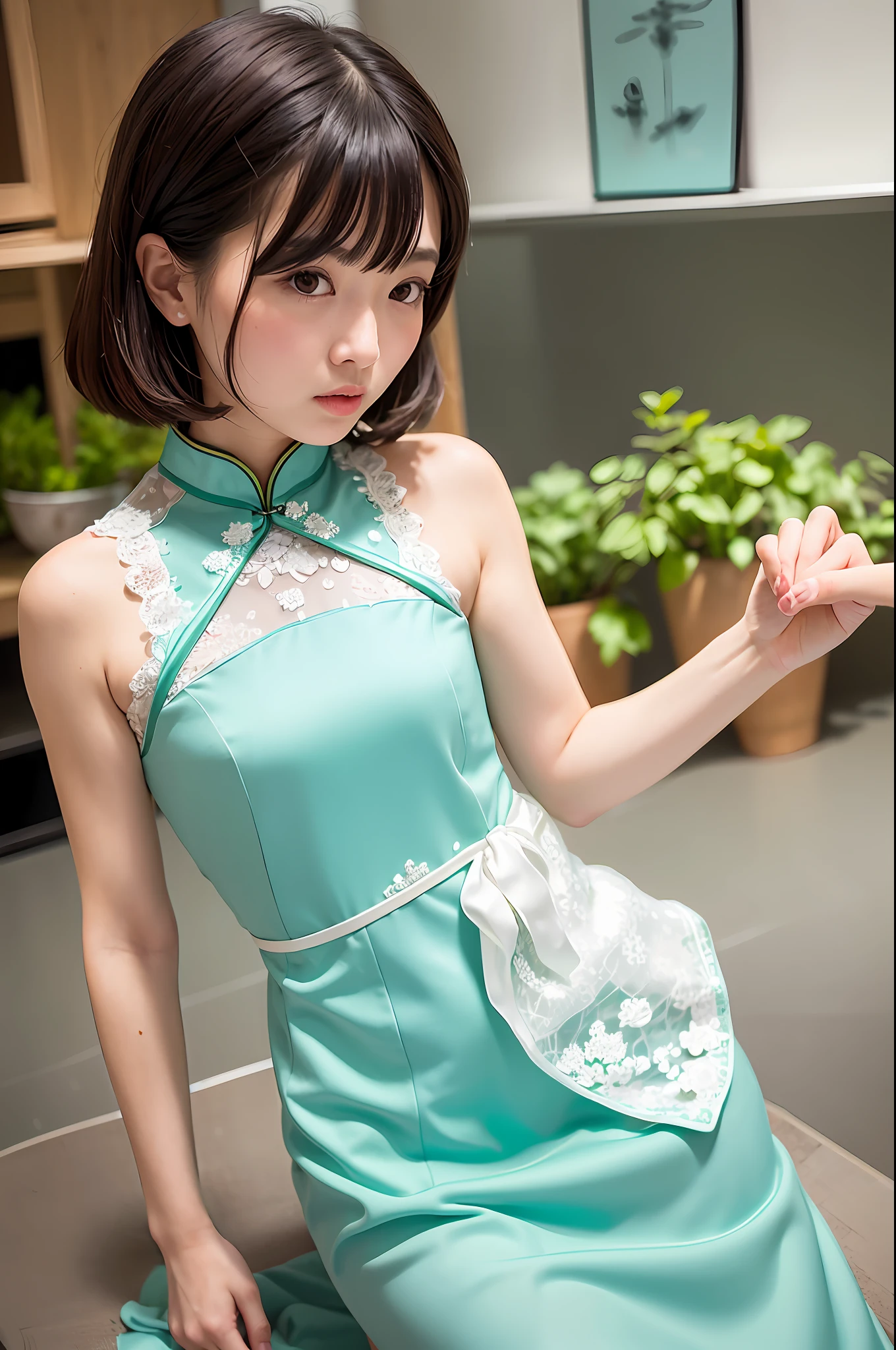 (Masterpiece: 1.0), (Best Quality: 1.4), (Ultra High Resolution: 1.2), (Realistic: 1.4), (8k, RAW Photo: 1.2), (Soft Focus: 1.4), ung Girl, (18yo:1.3), (Sharp Focus: 1.4), (Japanese: 0.7), (Polynesian: 1.4), Detailed Beautiful Face, Brunet, (Detailed Maid Crote: 1.4), (Lace Necklace: 1.2), Beautiful White Shiny Moist Skin, Retro halterneck cheongsam, water drop collar pink rose broken flowers, sleeveless dress design, full of high-end feeling, national style ancient rhyme, new Chinese style dressing, national style cheongsam, half slit, overall simple and modified figure, fairy cheongsam, the upper body is gentle and sweet, elegant temperament, Chinese ancient open cheongsam, chest hollow design elegant and not dull, waist treatment chic and thin, this green is really beautiful, the design of the placket is full of charm, the national trend style cheongsam dress, gentle and elegant, classical charm shows temperament, split design, ink smudge new Chinese style dress , retro Chinese small standing collar, elegant temperament, chiffon print is very flowing, giving people a new Chinese small fresh feeling, flowing fairy elegant and gentle, Chinese style young and elegant, Chinese style is too charming, Chinese style Han element set, color fresh, Chinese style elements, ancient style, hanfu,