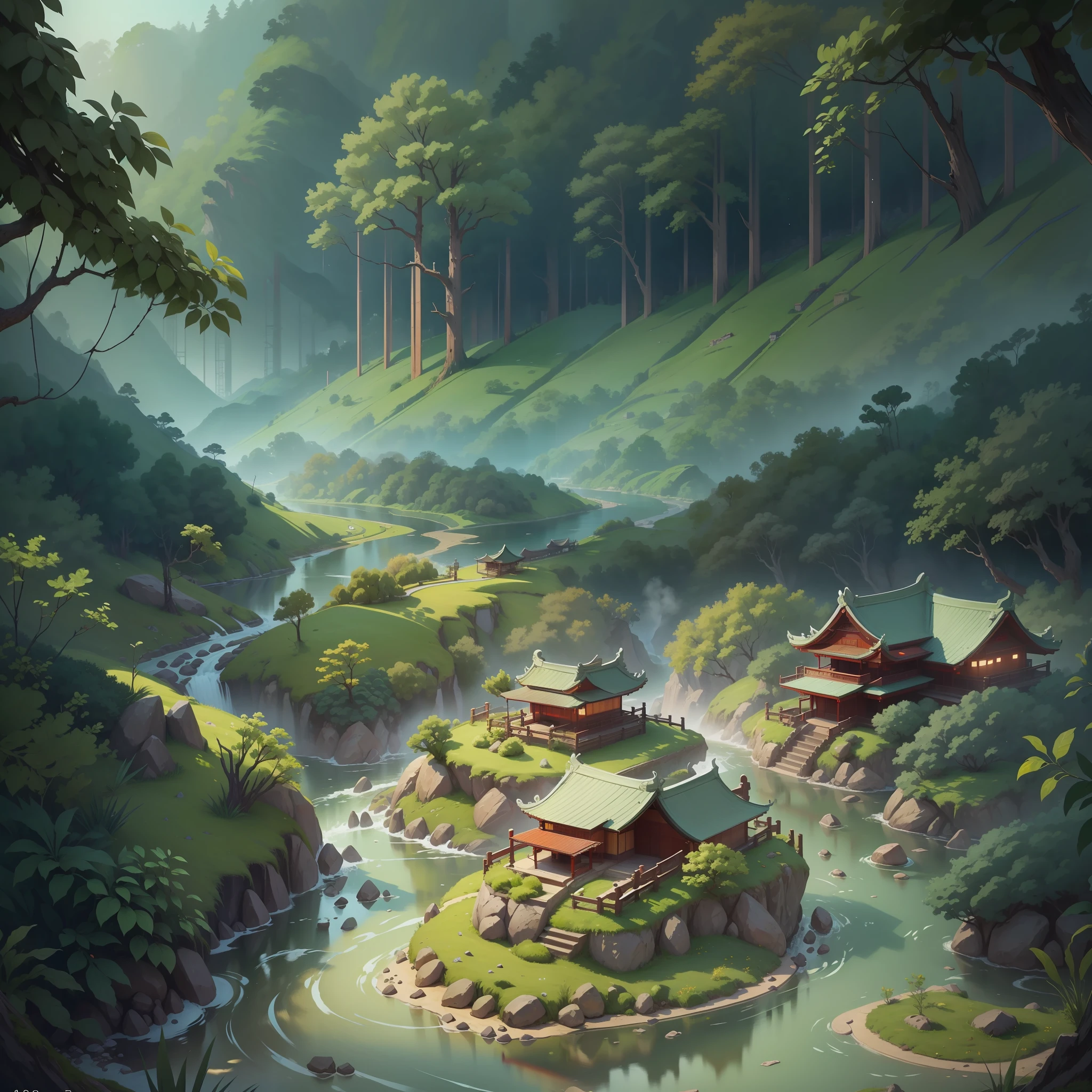 The emerald peaks hug a meandering and clear river, along the banks of the river, Ming and Qing dynasty style buildings, faintly identifiable ancient kiln sites, ancient charm,