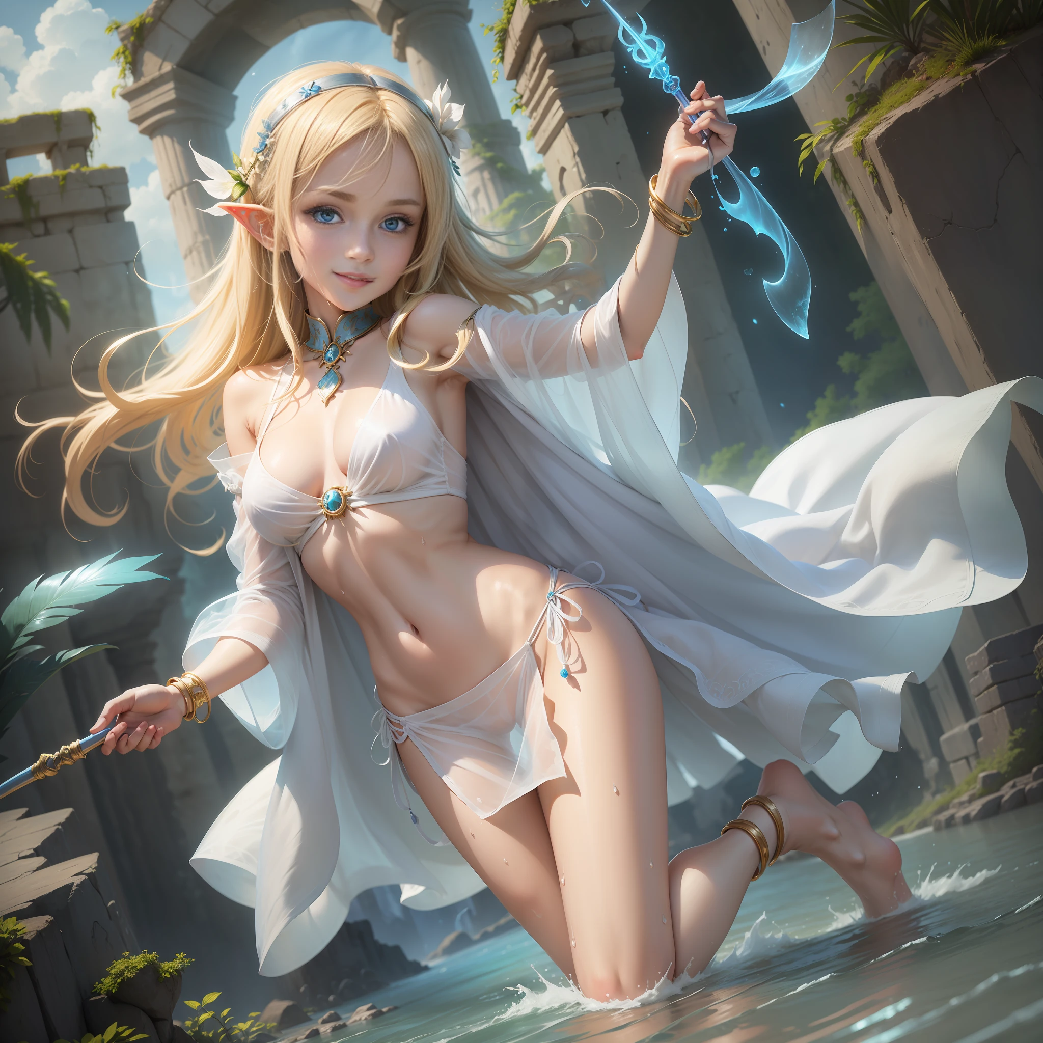 2D illustration, anime style, beautiful girl, elf, 16 years old, blonde, blue eyes, hair ornament, smiling, chest open, whole white ultra-thin fabric, see-through ancient style robe, (no panties)), (the tip of the chest pushes the fabric up)), floating hem, holding a magic wand in one hand, collar, bangle, anklet, bare feet, ((up of a person, low angle,)) wet body, Wet clothes, fantastic ancient ruins eroded by vegetation, waterside, night sky, floating magical light, glowing water surface, wind blowing, ambient occlusion, halation