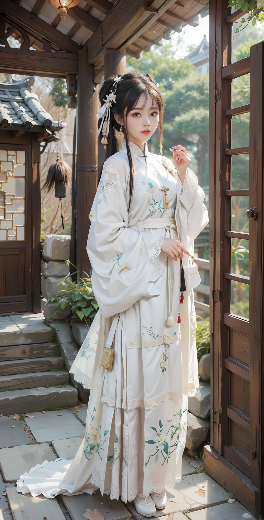 ulzzang-6500-v1.1, (raw photo:1.2), (photorealistic:1.4), beautiful and detailed girl, very detailed eyes and face, beautiful detailed eyes, absurd, incredibly ridiculous, huge file size, super detailed, high resolution, very detailed, best quality, masterpiece, kemomimi, ((Chinese woman wears Hanfu, silk, lace)), wears Chinese Hanfu, ((White Stockings)) lively pose, facing the viewer, medium breasts, best quality, inlaid with a wooden grid of this translucent painting. Outside the window are Chinese Garden, Suzhou Garden, Rockery, Slate Floor Corridor, Pool, Maple Tree, (Tile Roof: 1.3), Gazebo, (Stone Eaves: 1.4), Stone Fence, (White Wall), Spring View, Lush Trees, Plants, Viewer's View, CG, Unity, 8k Wallpaper, Amazing, Fine Details, Masterpiece, Best Quality, Very Detailed CG Uniform 8k Wallpaper, Light on Face, Movie Lighting, 1girl, Full Body, Sexy, Bare Shoulder