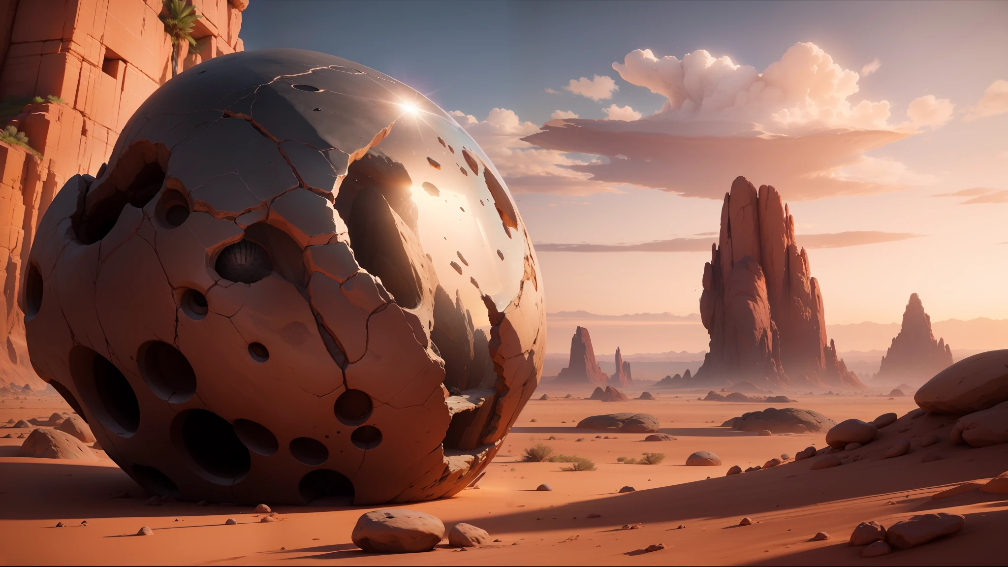 there is a large rock in the middle of a desert, holding a pair of fans. unreal 5, visionary art style, meteorite, trending on artstaton, unreal engine tech demo, total recall style, the orb of dreams, concept-art, tremors, the witness, --n 6, metal speculars