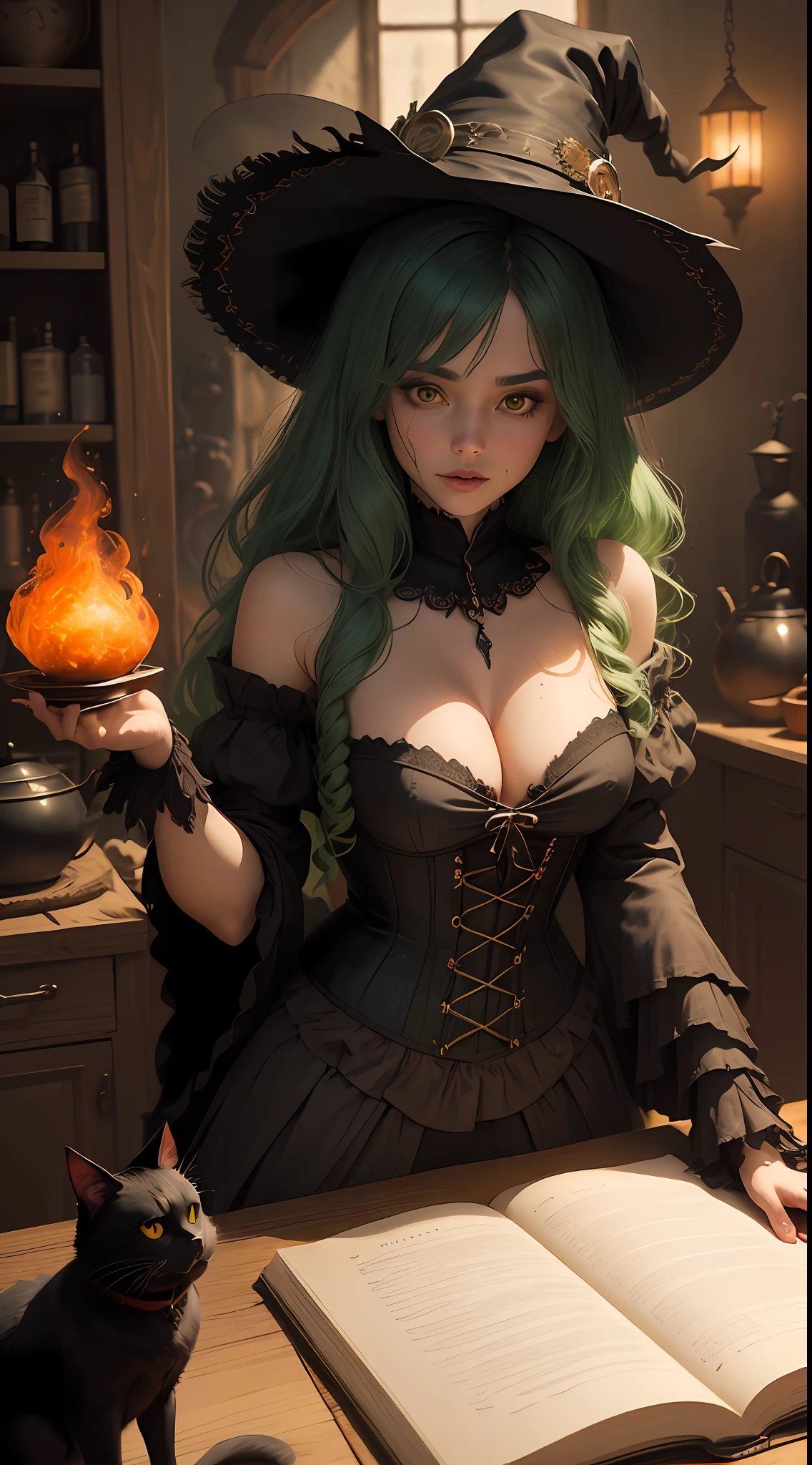 Beautiful sexy witch, stroking a huge black cat, a black cat of gigantic size, long hair dancing, holding small objects with hair instead of hands, corset, ethnic jewelry, bats, a tame monster on a leash, skin, a witch in a witch's lair, a beautiful femme fatale in a witch costume brewing a witchcraft potion, the interior of a village house, a huge cauldron with boiling green liquid, many small interior details,  Everywhere there are bundles of dried grass, witchcraft potions, old books, gloomy contrasting fiery lighting, the gloomy atmosphere of a fairy tale about a witch, like a painting by an old artist, photorealism, like an illustration from a book