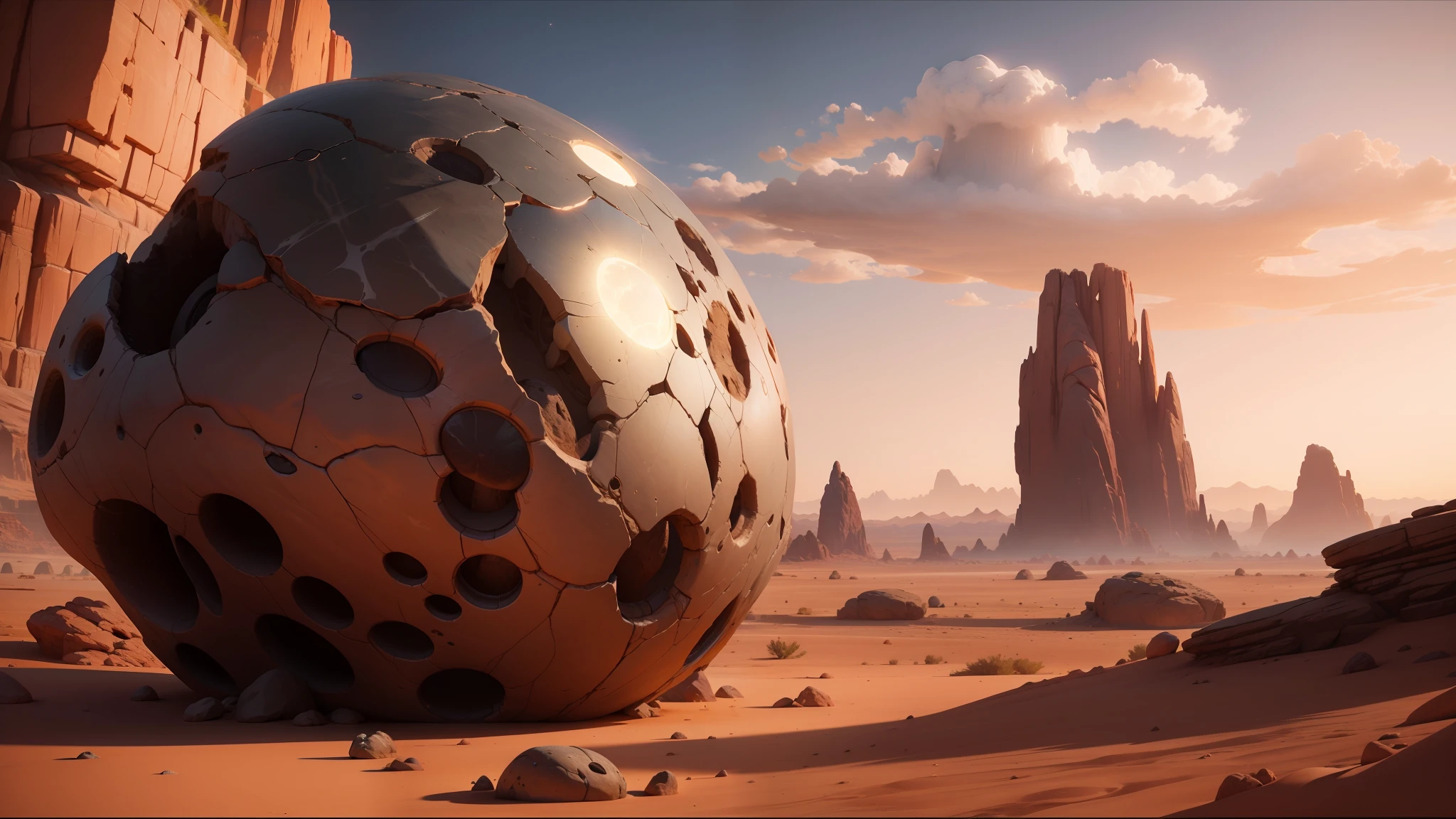 there is a large rock in the middle of a desert, holding a pair of fans. unreal 5, visionary art style, meteorite, trending on artstaton, unreal engine tech demo, total recall style, the orb of dreams, concept-art, tremors, the witness, --n 6, metal speculars