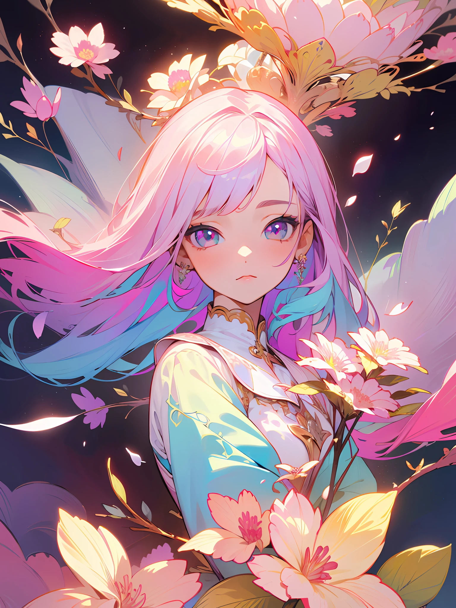 Top Quality, Masterpiece, High Resolution, Super Detailed, 1 Girl, Solo, Highly Detailed Eyes, (Official Art, Beautiful and Aesthetic: 1.2), (Fractal Art: 1.3), Colorful, Pastel Color, (Lots of Flower Effects: 1.4), Lots of Petals, Beautiful Light