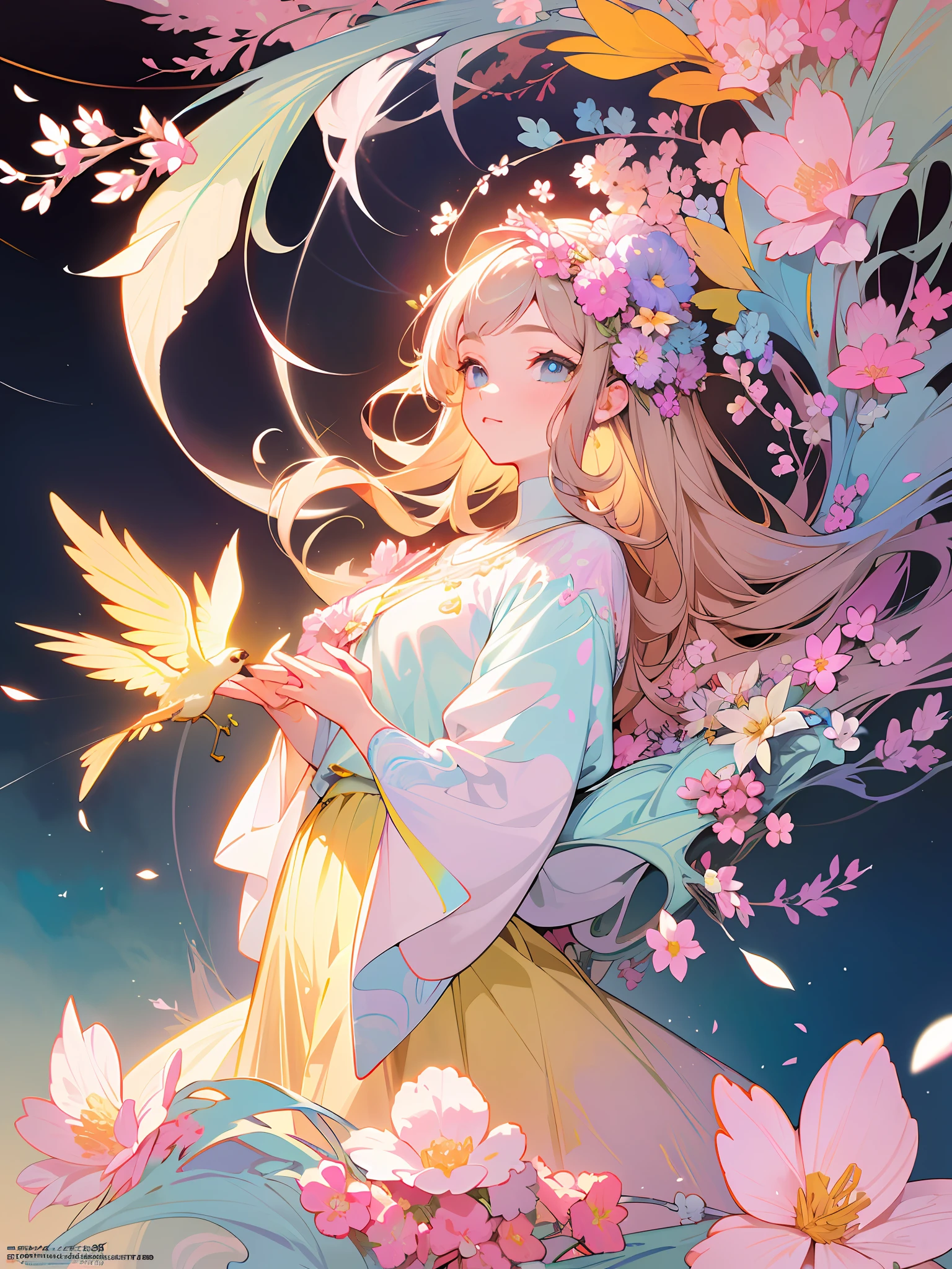 Top Quality, Masterpiece, High Resolution, Super Detailed, 1 Girl, Solo, Highly Detailed Eyes, (Official Art, Beautiful and Aesthetic: 1.2), (Fractal Art: 1.3), Colorful, Pastel Color, (Lots of Flower Effects: 1.4), Lots of Petals, Beautiful Light