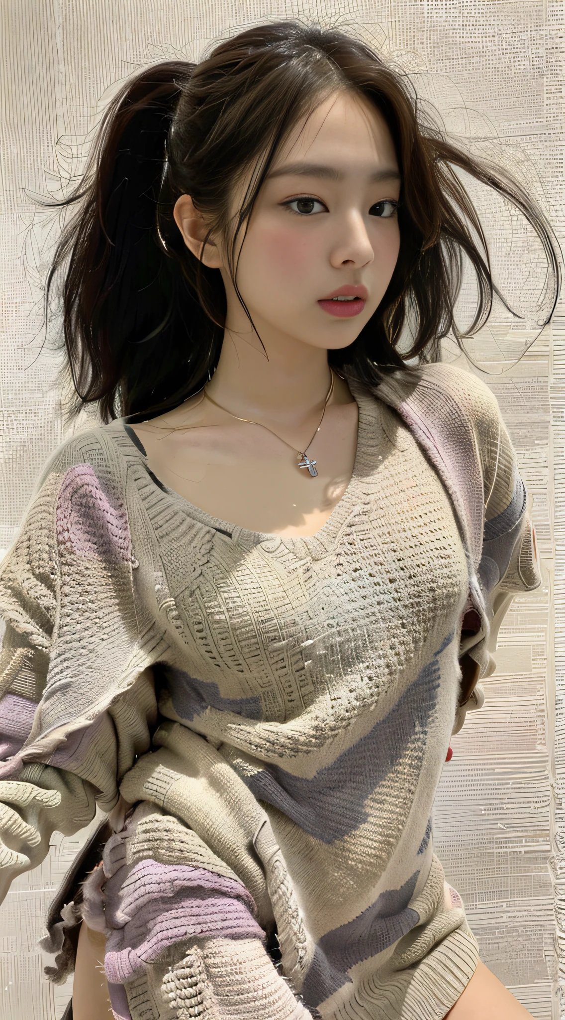 (1girl:1.3), Solo, __body-parts__, Kim Ji-ni Jennie Face, Doomsday Wasteland Style, Broken Khaki Gray Sweater, Long Broken Tassel Knit Poncho, Dusty, Stormy, Earthy, Gray Tones, 8K Resolution Image, Intricate Symmetry Details. The whole picture is invincible and heroic, mainly a complete picture of a woman standing all over her body, with smooth movements and a confident expression.