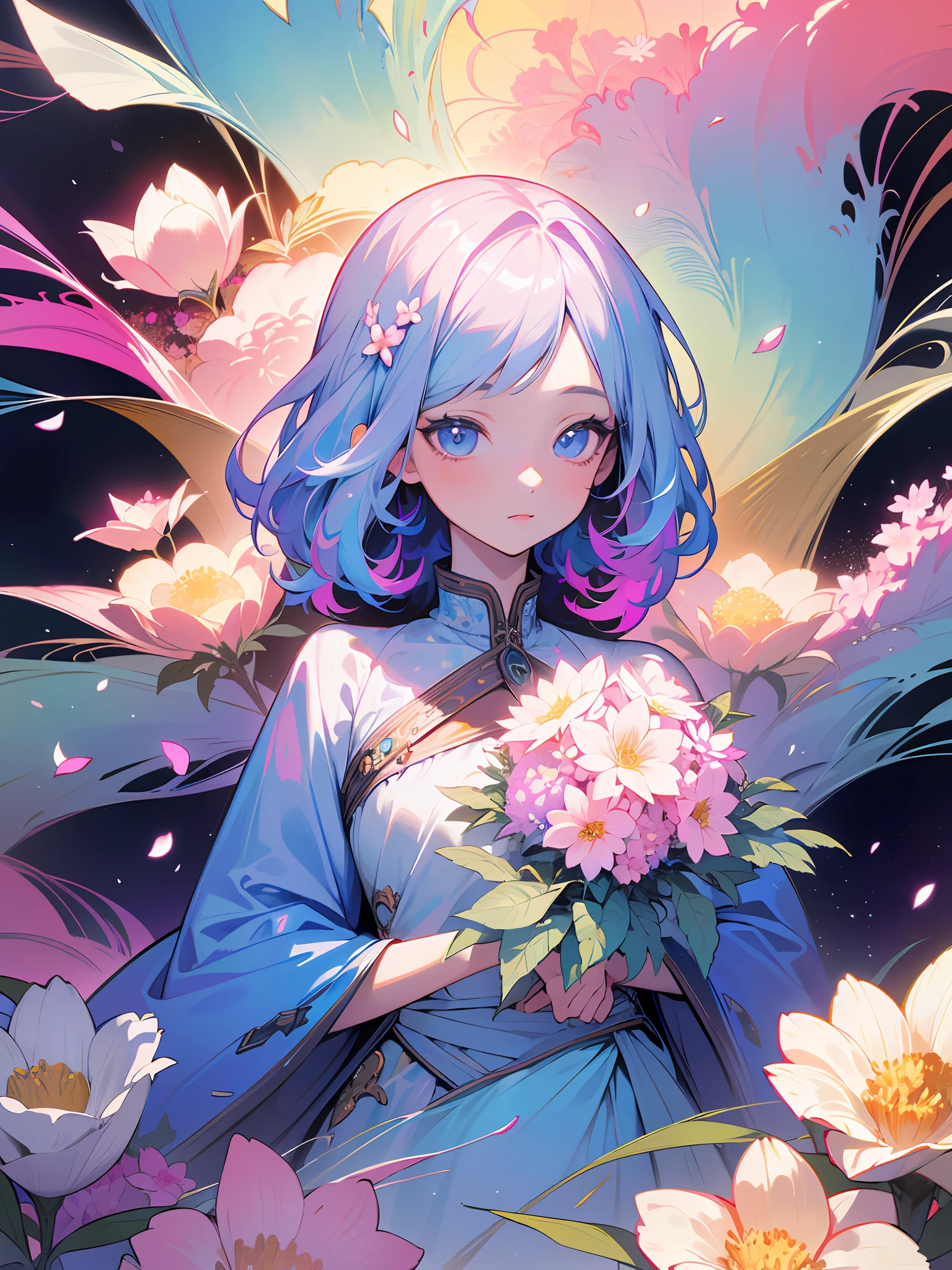 Top Quality, Masterpiece, High Resolution, Super Detailed, 1 Girl, Solo, Highly Detailed Eyes, (Official Art, Beautiful and Aesthetic: 1.2), (Fractal Art: 1.3), Colorful, Pastel Color, (Lots of Flower Effects: 1.4), Lots of Petals, Beautiful Light