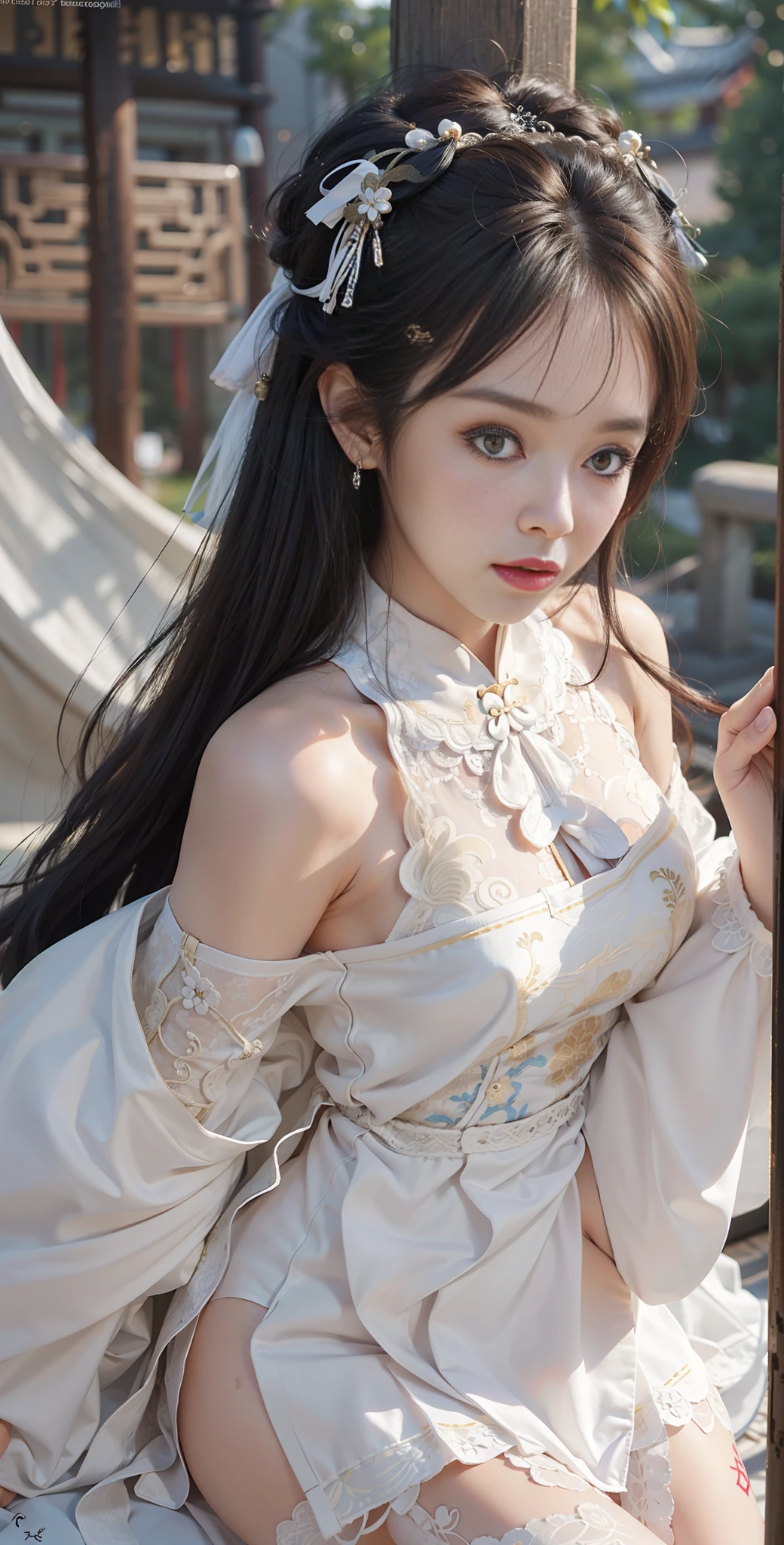 ulzzang-6500-v1.1, (raw photo:1.2), (photorealistic:1.4), beautiful and detailed girl, very detailed eyes and face, beautiful detailed eyes, absurd, incredibly ridiculous, huge file size, super detailed, high resolution, very detailed, best quality, masterpiece, kemomimi, ((Chinese woman wears Hanfu, silk, lace)), wears Chinese Hanfu, (((White Stockings)) lively pose, facing the audience, medium breasts, a Chinese dragon flying on the back of the character, sword dancing, illustration, very detailed, viewer perspective, CG, unity, 8k wallpaper, amazing, fine details, masterpiece, best quality, very detailed CG unified 8k wallpaper, face light, movie lighting, 1girl, full body, sexy, bare shoulder