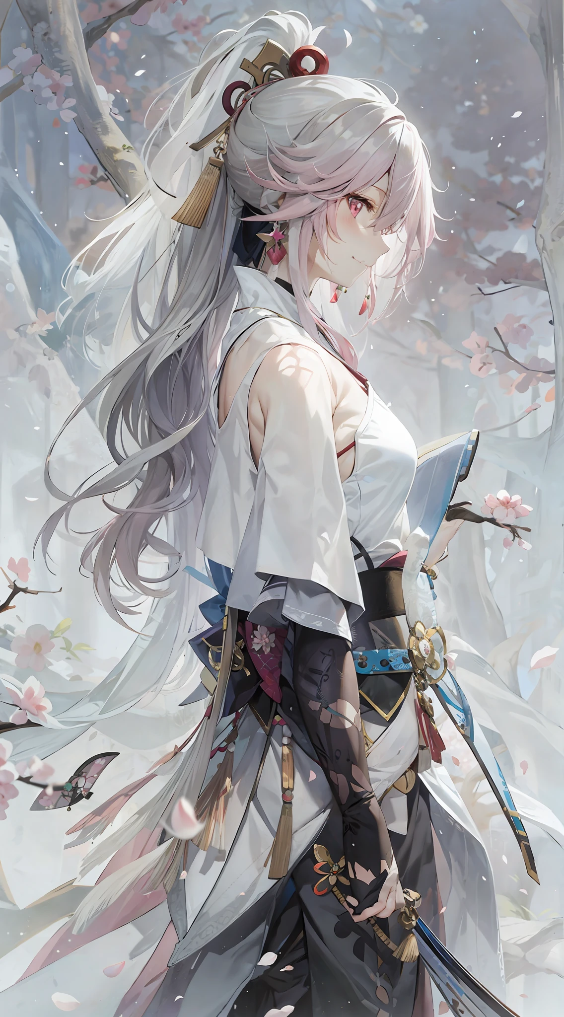 yae miko, 1girl, \n/, animal ears, bare shoulders, blush, breasts, cherry blossoms, closed mouth, detached sleeves, earrings, flower, fox ears, gem, hair between eyes, hair ornament, hand up, japanese clothes, jewelry, kimono, long hair, looking at viewer, medium breasts, miko, nontraditional miko, pink eyes, pink flower, pink hair, purple gemstone, short kimono, sidelocks, smile, solo, upper body, white kimono, ((masterpiece))