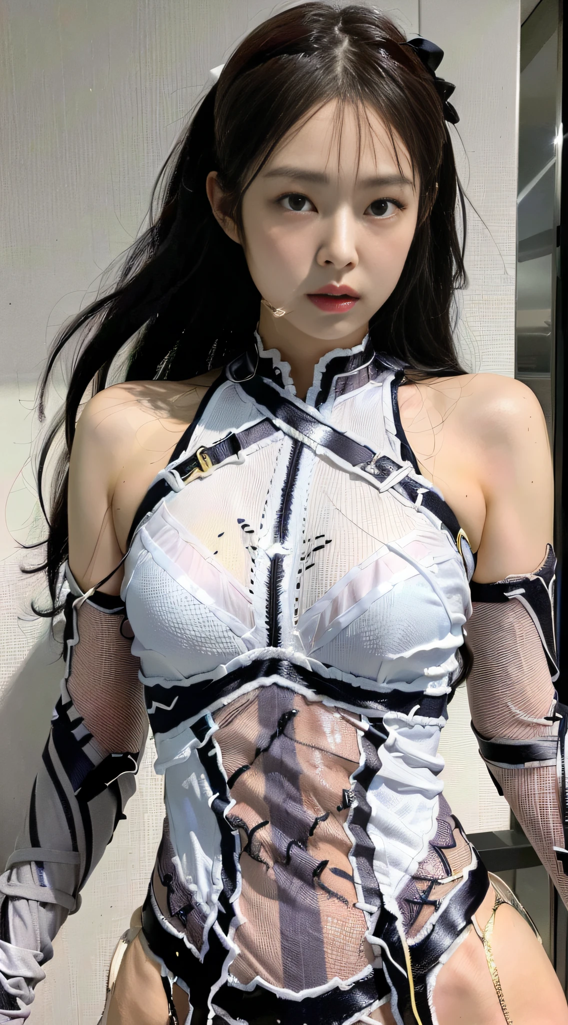 (1girl:1.3), solo, __body-parts__, Jinnie Face, Marvel style, hero characters, gray tones, 8k resolution image, intricately symmetrical details. The whole picture is invincible and heroic, mainly a complete picture of a woman standing all over her body, with smooth movements and a confident expression.