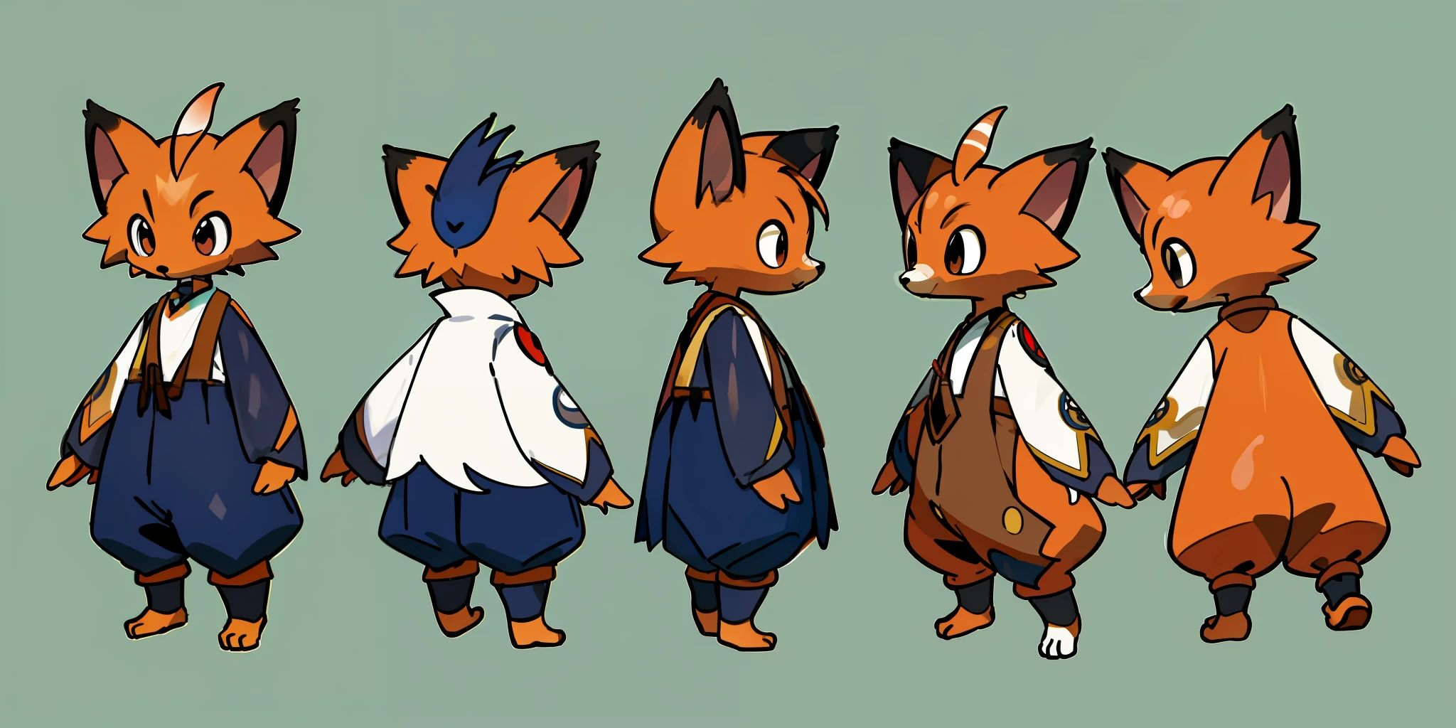 tiny chibi fox humanoid character sheet, big head, small body