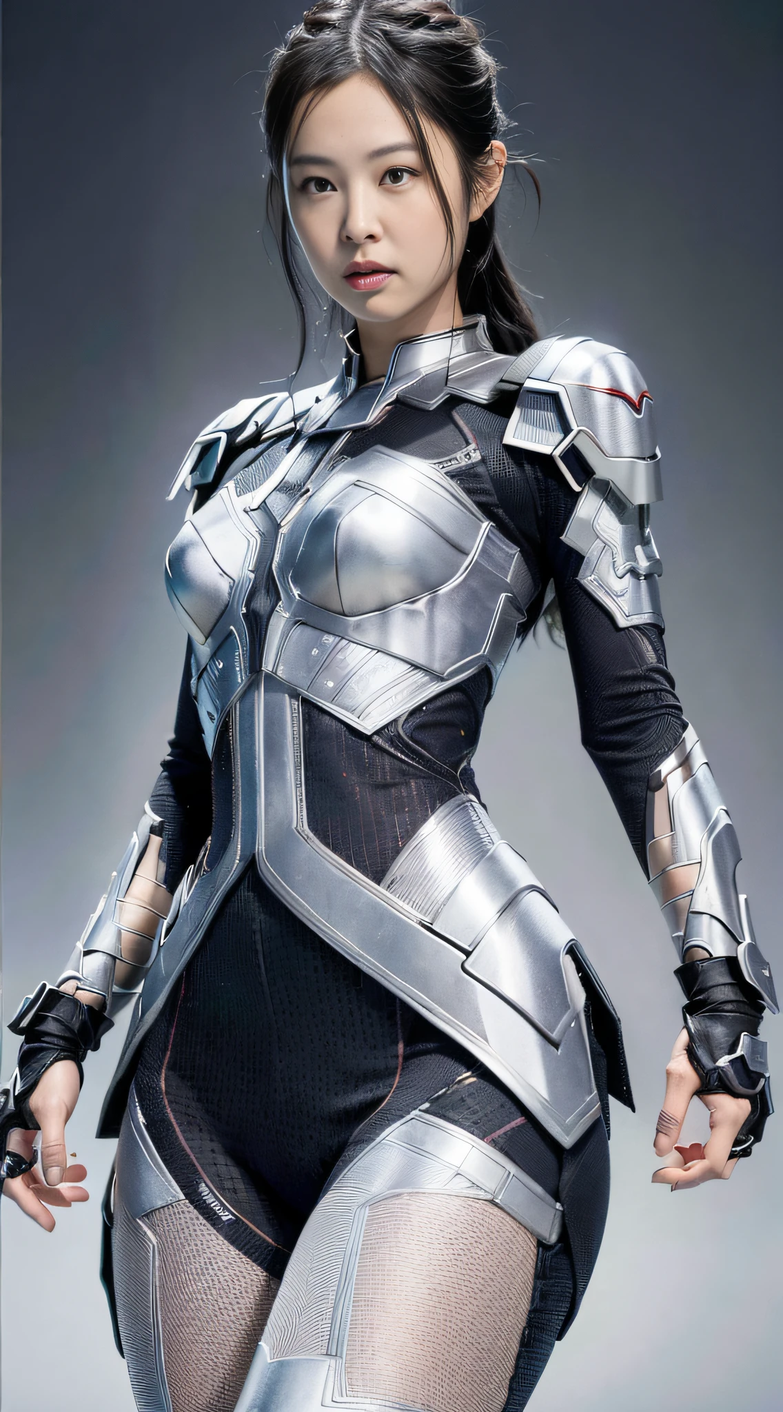 (1girl:1.3), solo, __body-parts__, Jinnie Face, Marvel style, hero characters, gray tones, 8k resolution image, intricately symmetrical details. The whole picture is invincible and heroic, mainly a complete picture of a woman standing all over her body, with smooth movements and a confident expression.